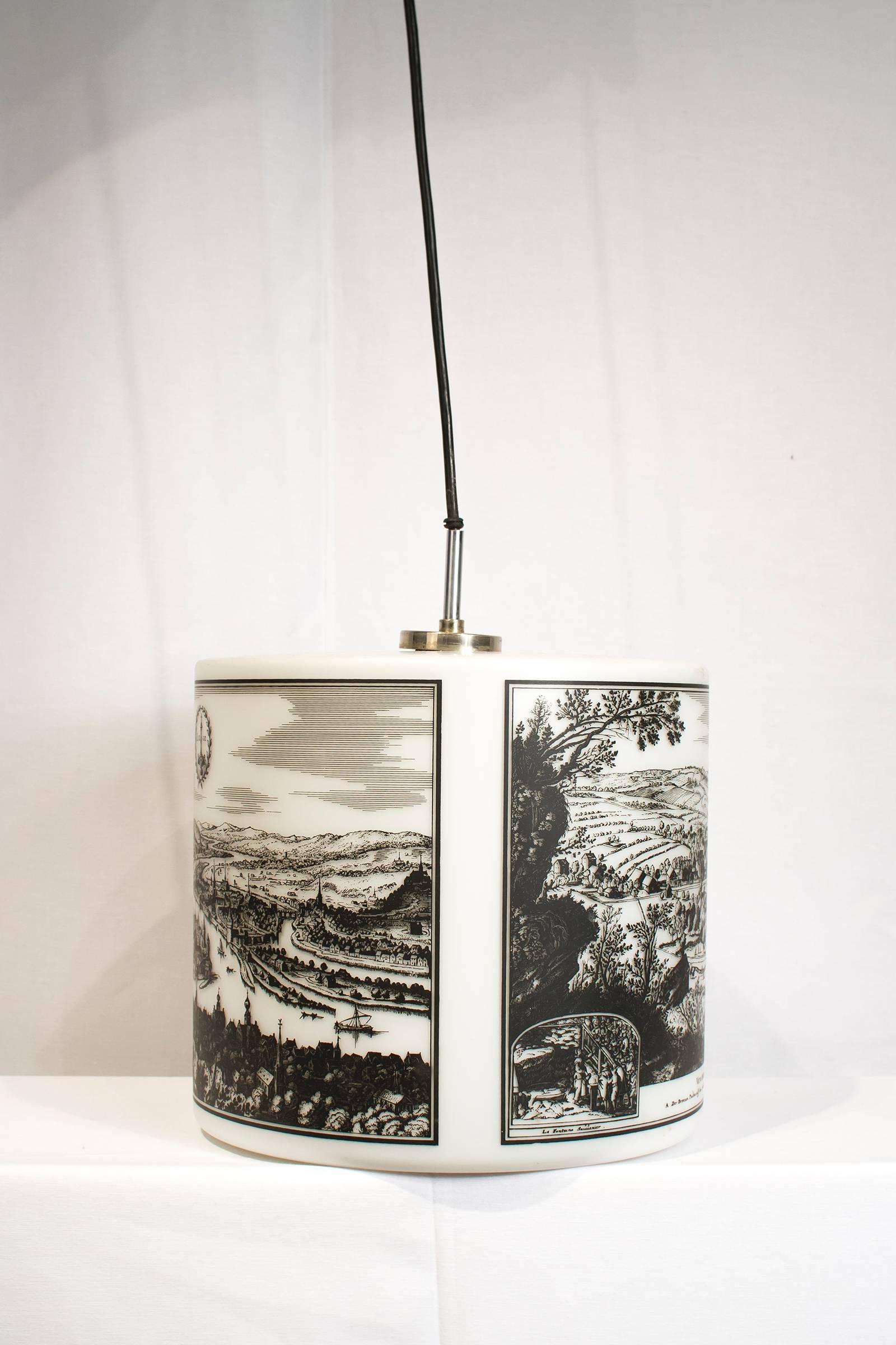 Belgian Pendant Light with Historical Pictures of Spa and Liège For Sale