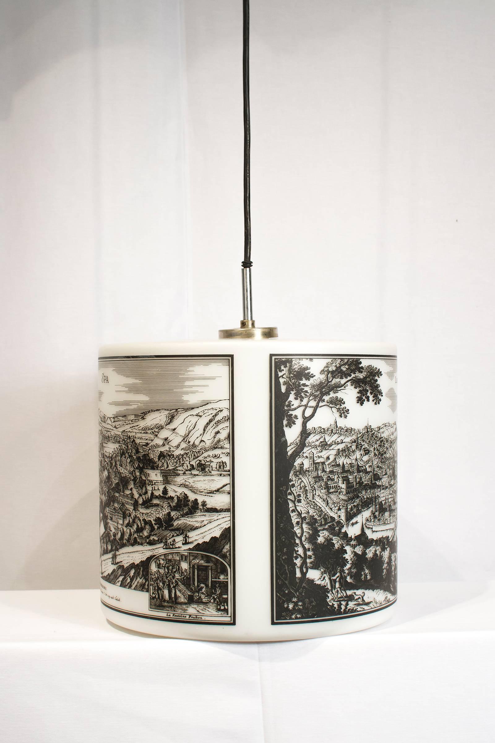 Mid-Century Modern Pendant Light with Historical Pictures of Spa and Liège For Sale