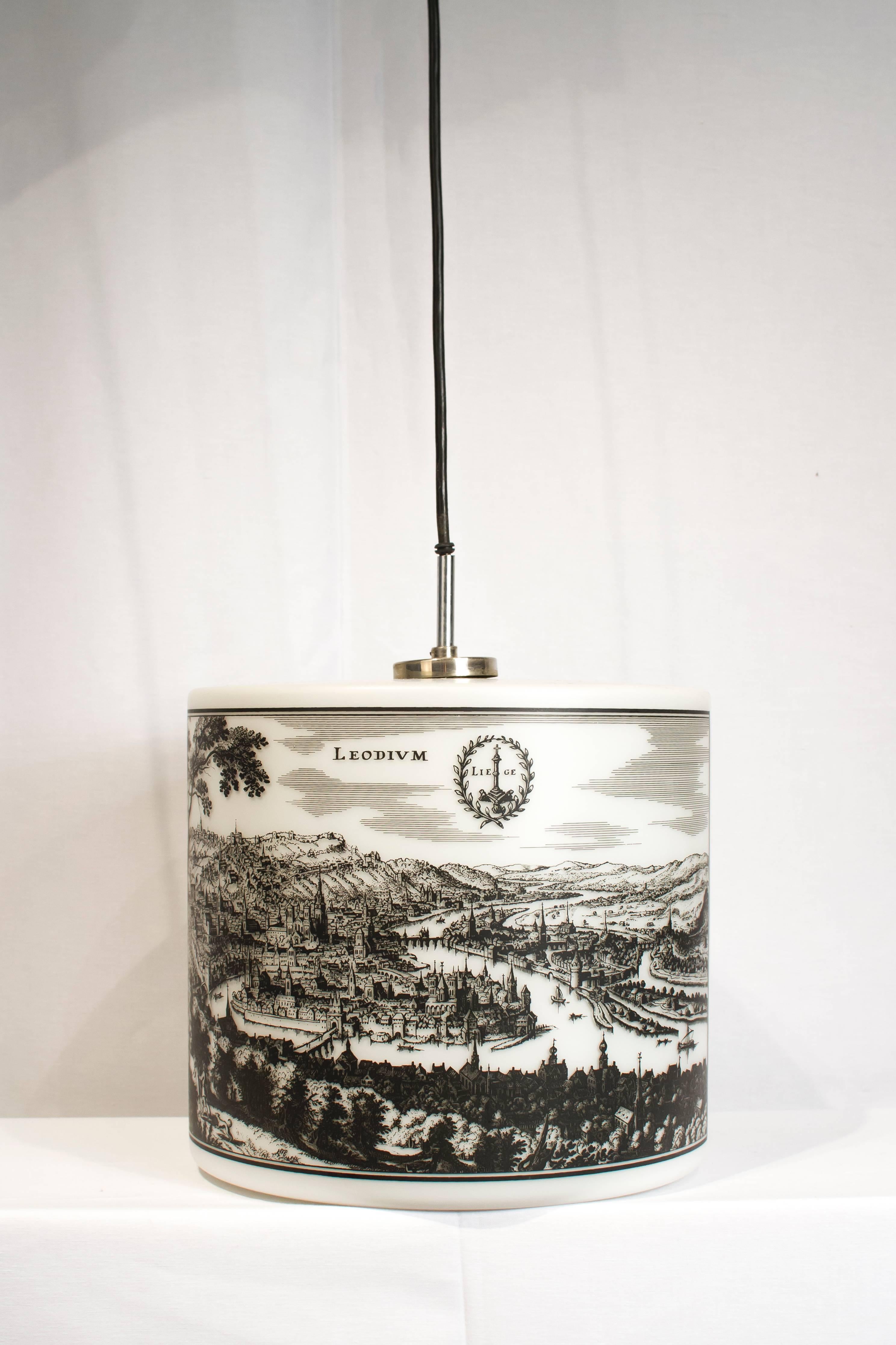 Pendant light with two historical pictures of Spa and Liège, 1970s. This lamp is very decorative and is completely in the taste of Fornasetti.

Please look at our storefront page to browse our entire collection.
Please contact us for delivery