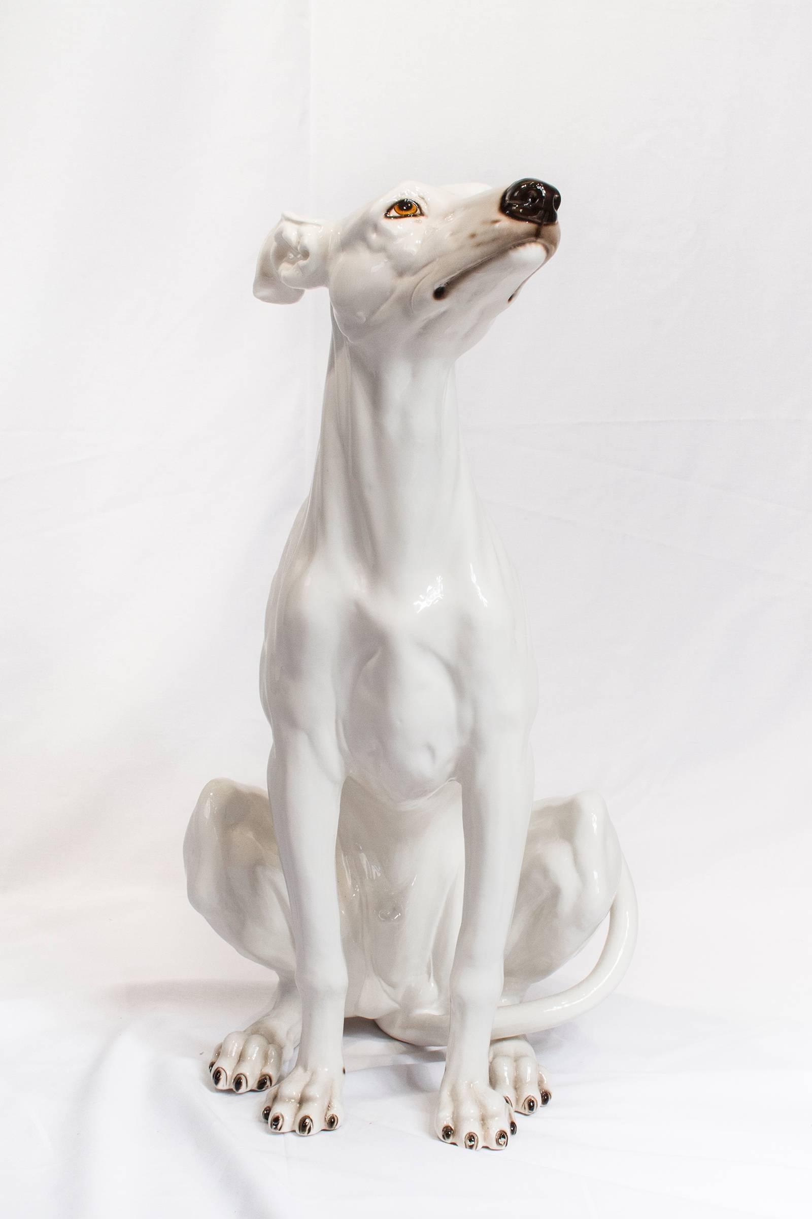 Glazed Italian Mid-Century Modern Ceramic Greyhound Dog Sculpture For Sale