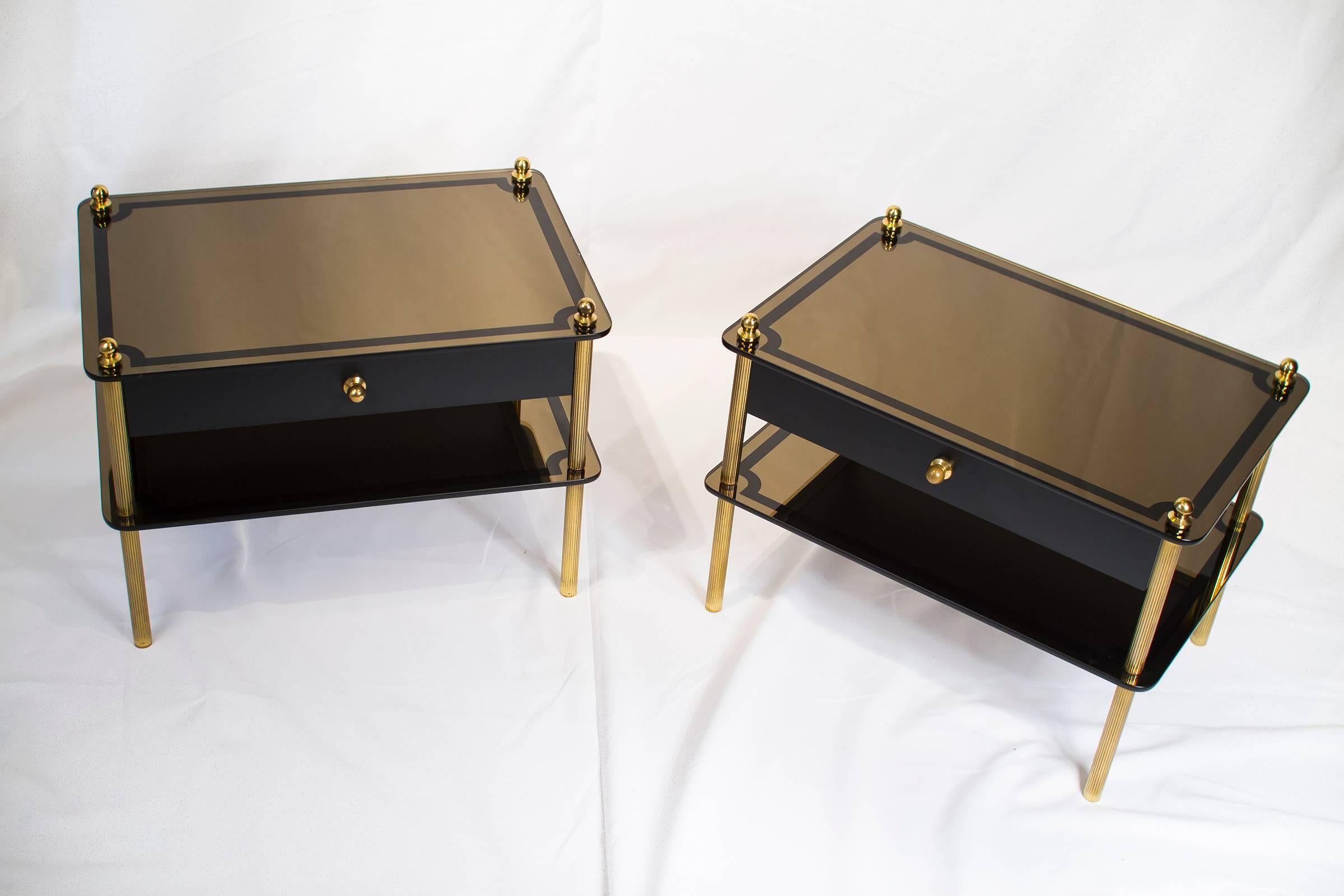 Metal Pair of French Mid-Century Modern Mirrored Nightstands