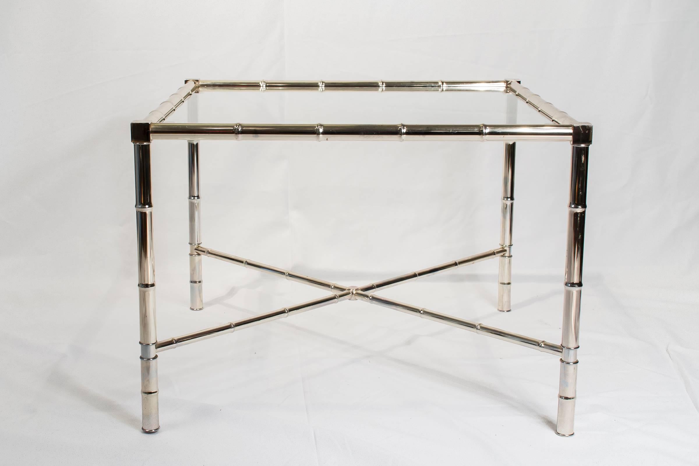 Mid-Century Modern Hollywood Regency Chrome Faux Bamboo X-Base End Tables with Glass Tops For Sale