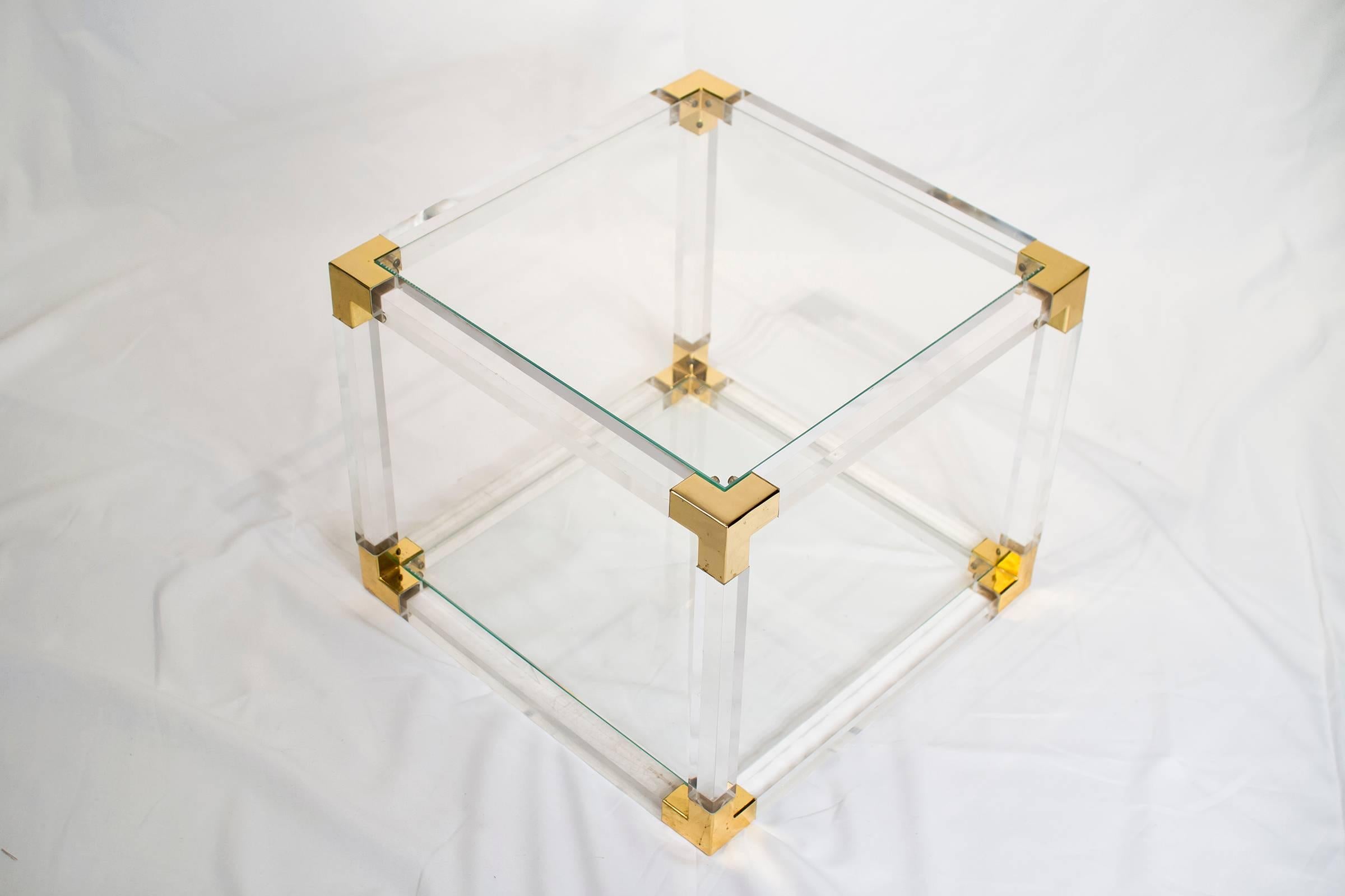 European French Lucite and Brass Side or Coffee Table, 1970s