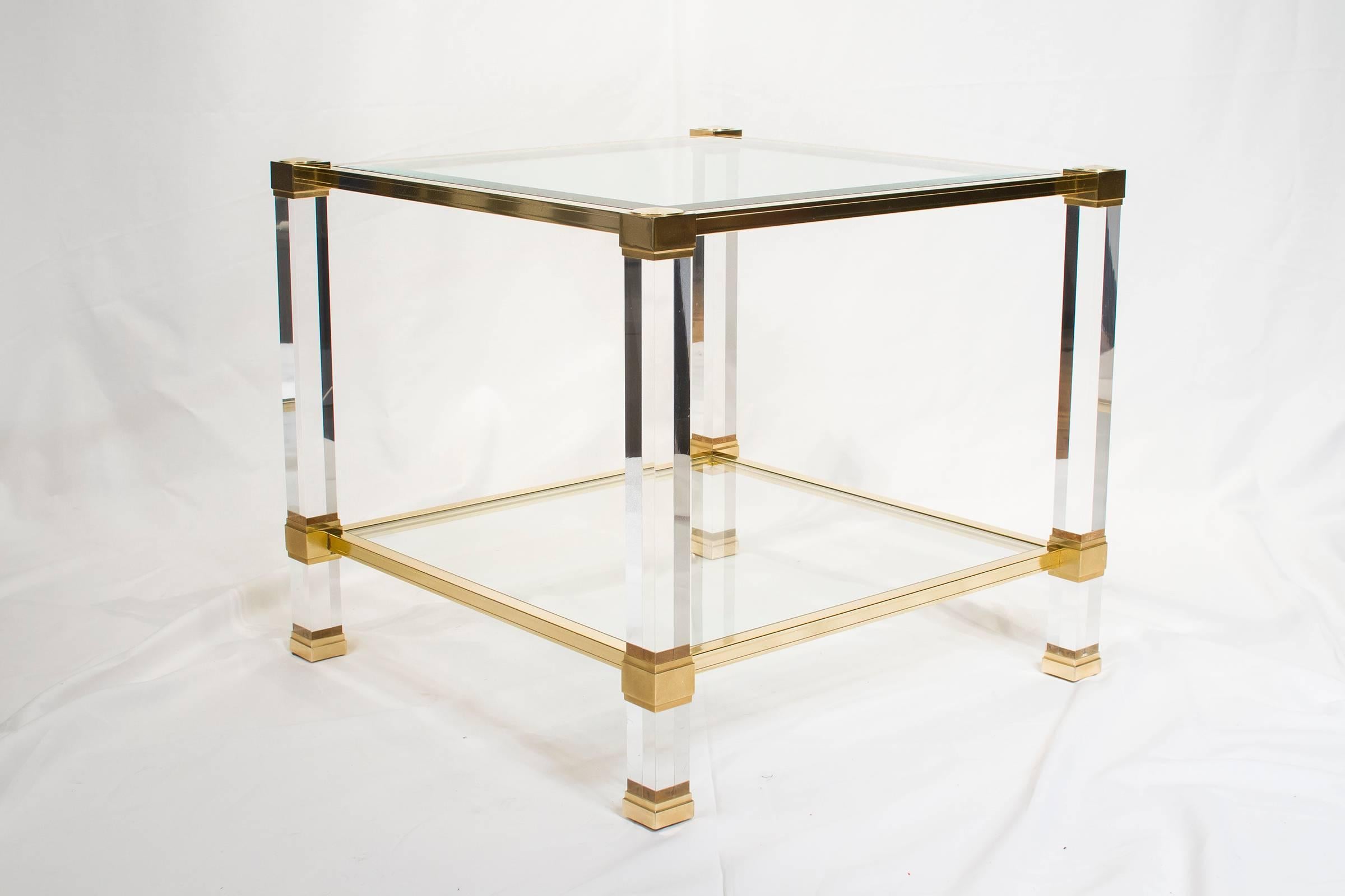 French brassed metal, Lucite and glass coffee table signed 