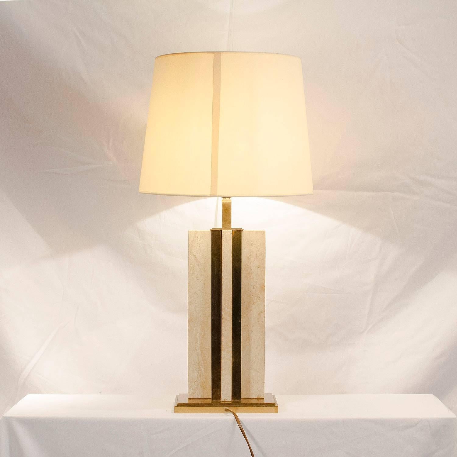 20th Century French Travertine and Brass Table Lamp, 1970s For Sale
