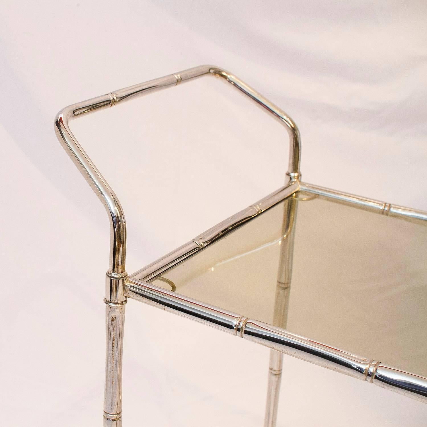 Mid-Century Modern Faux Bamboo Chrome and Glass Bar Cart For Sale