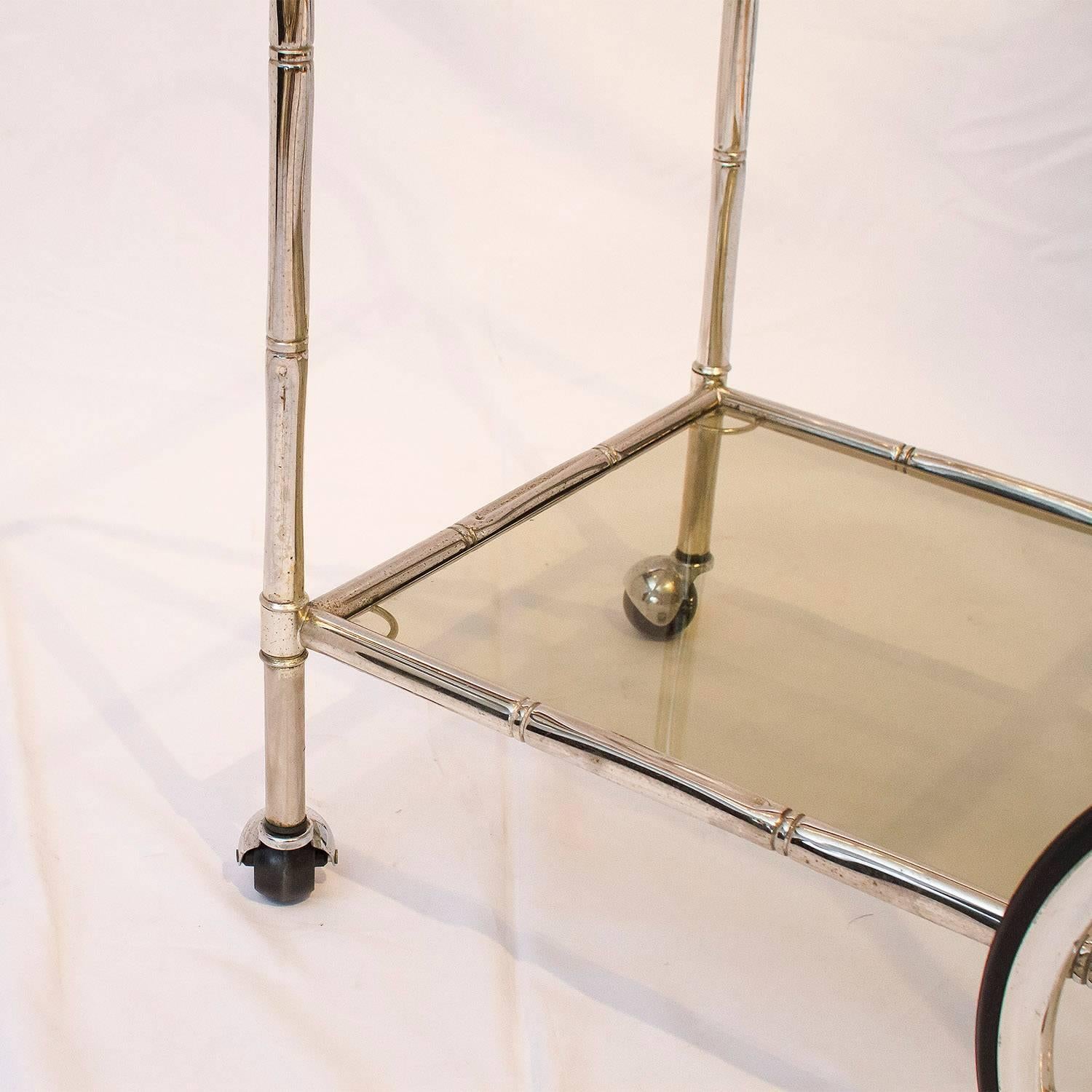 French Faux Bamboo Chrome and Glass Bar Cart For Sale