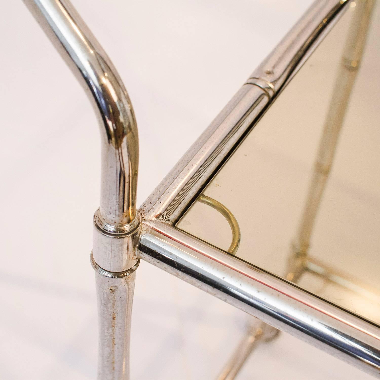 20th Century Faux Bamboo Chrome and Glass Bar Cart For Sale