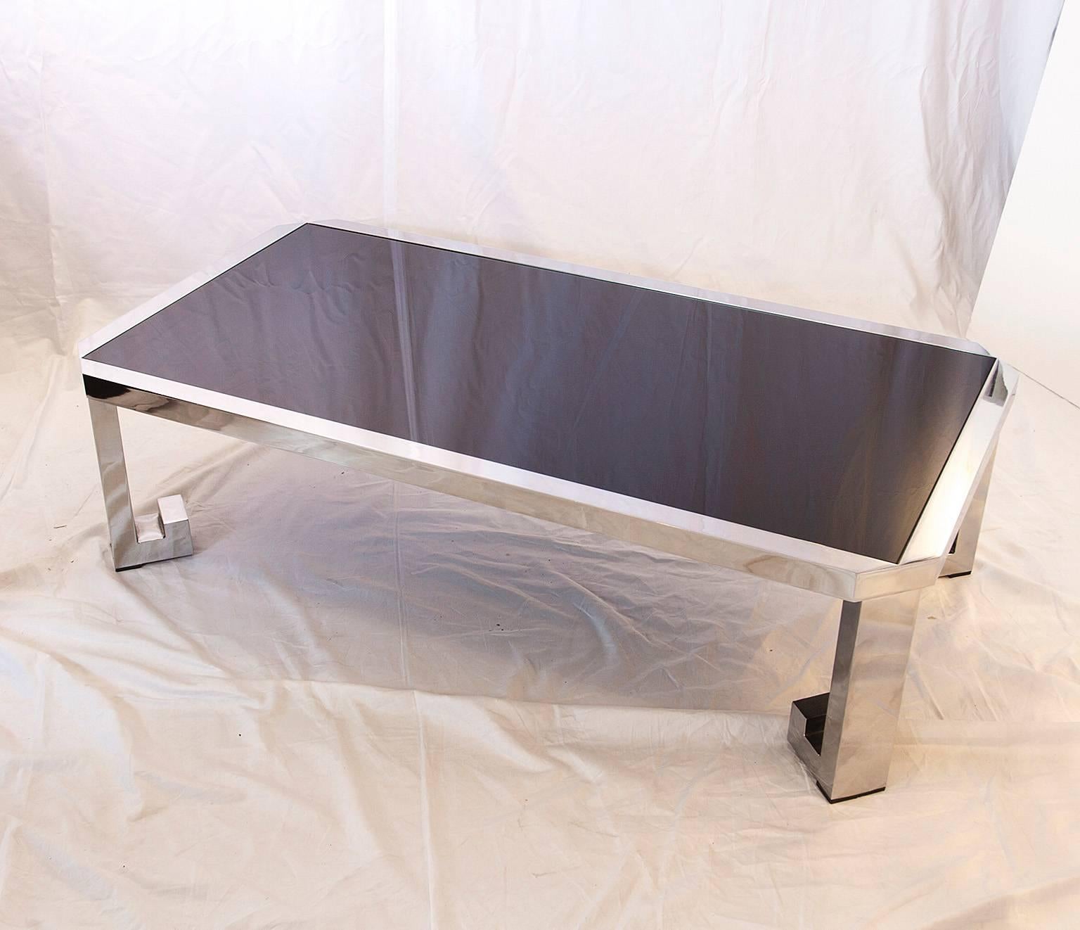 20th Century Greek Chrome Coffee Table with Black Glass For Sale