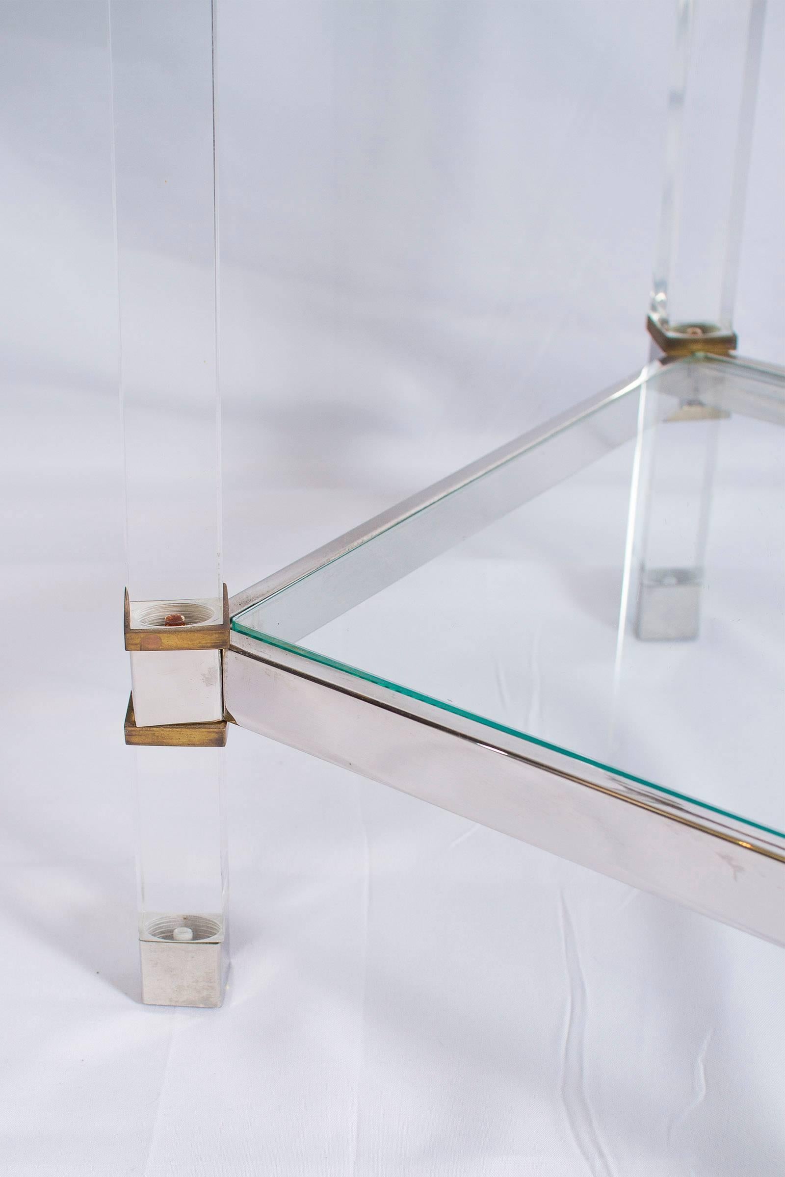 Three-Tier Lucite Brass and Aluminum Console  For Sale 1