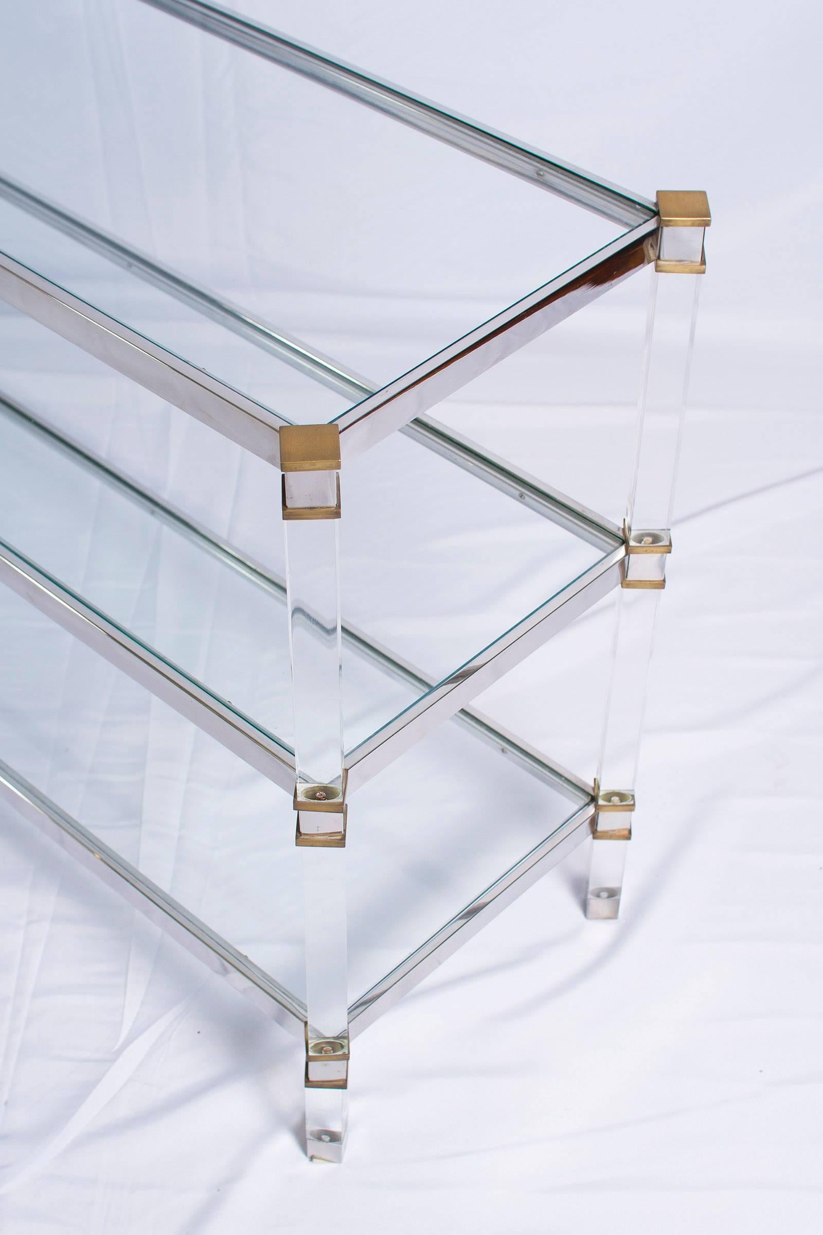 Three-Tier Lucite Brass and Aluminum Console  For Sale 2