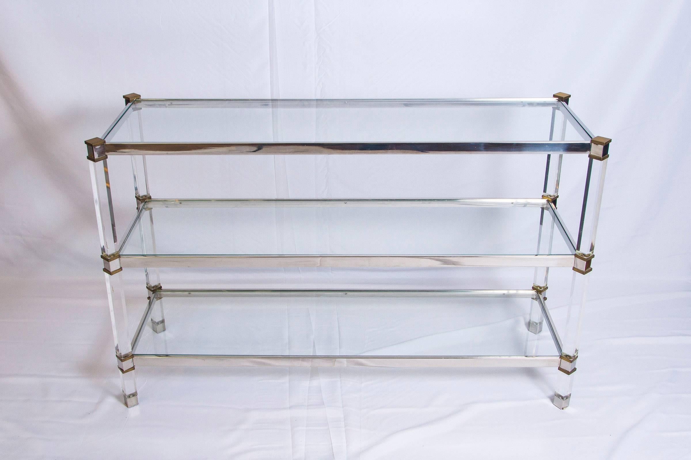 Beautiful three-tier Lucite, brass and aluminum console.