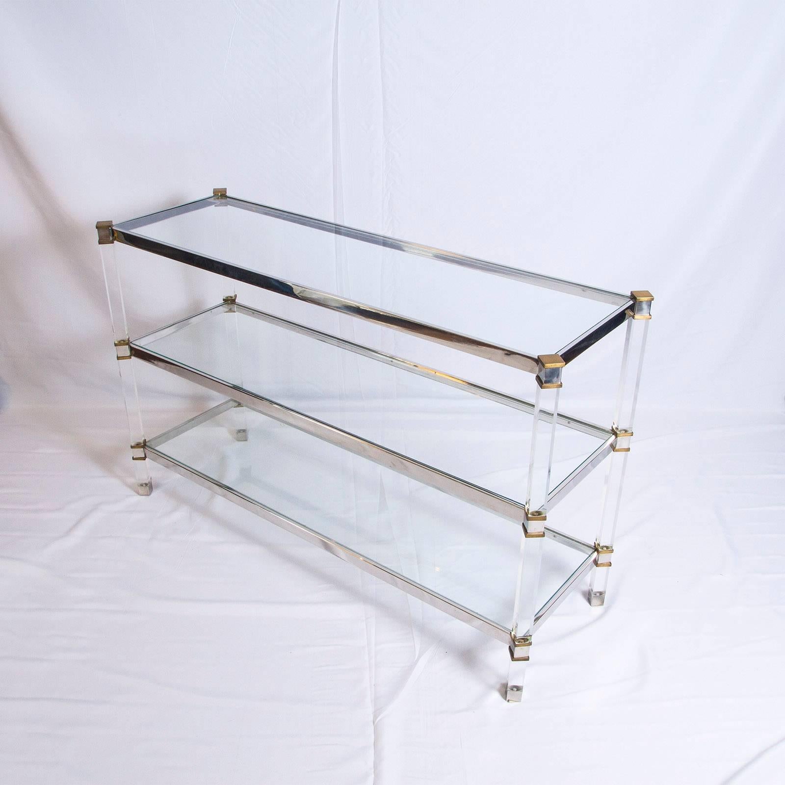 Mid-Century Modern Three-Tier Lucite Brass and Aluminum Console  For Sale