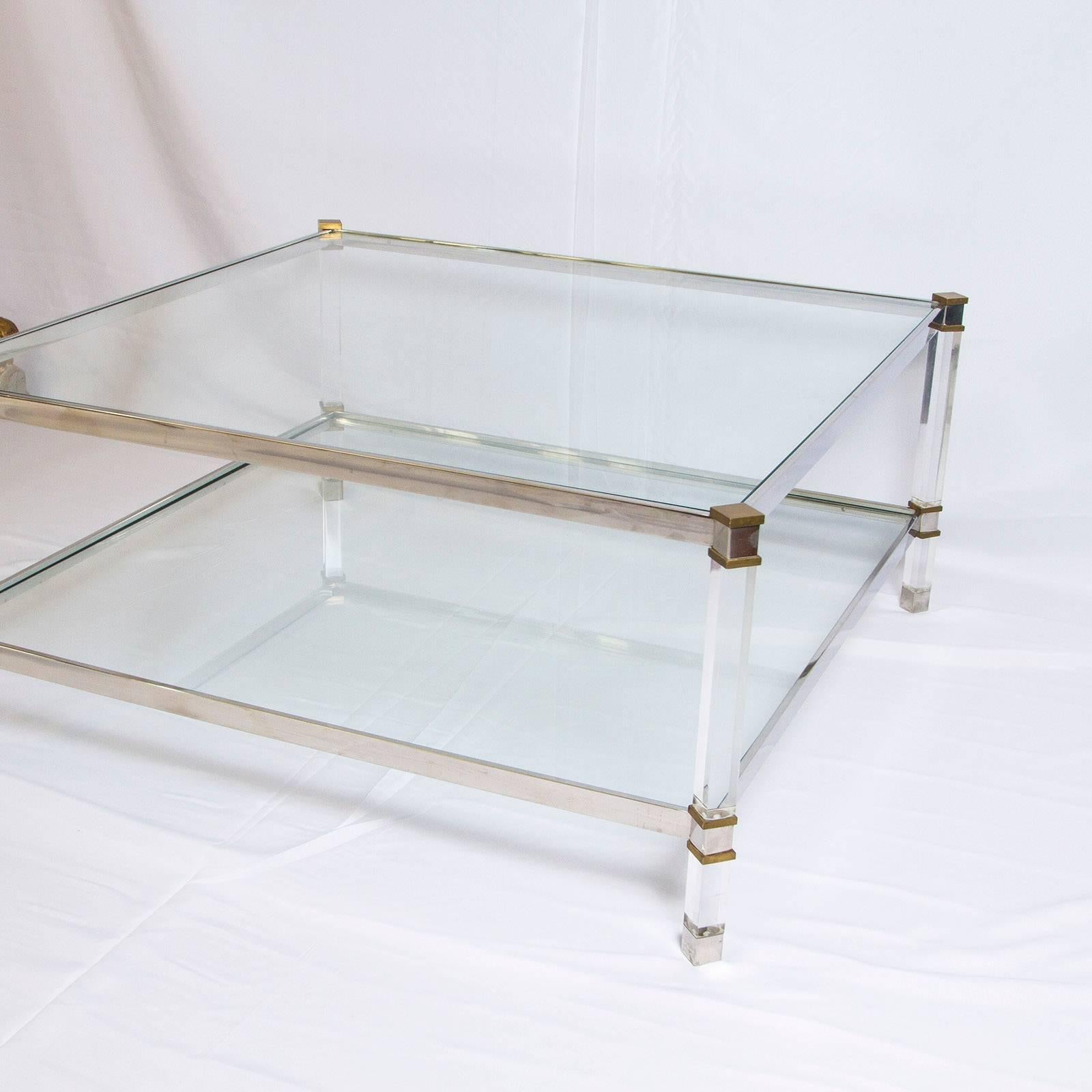 Mid-Century Modern Two-Tier Lucite Brass and Aluminum Coffee Table