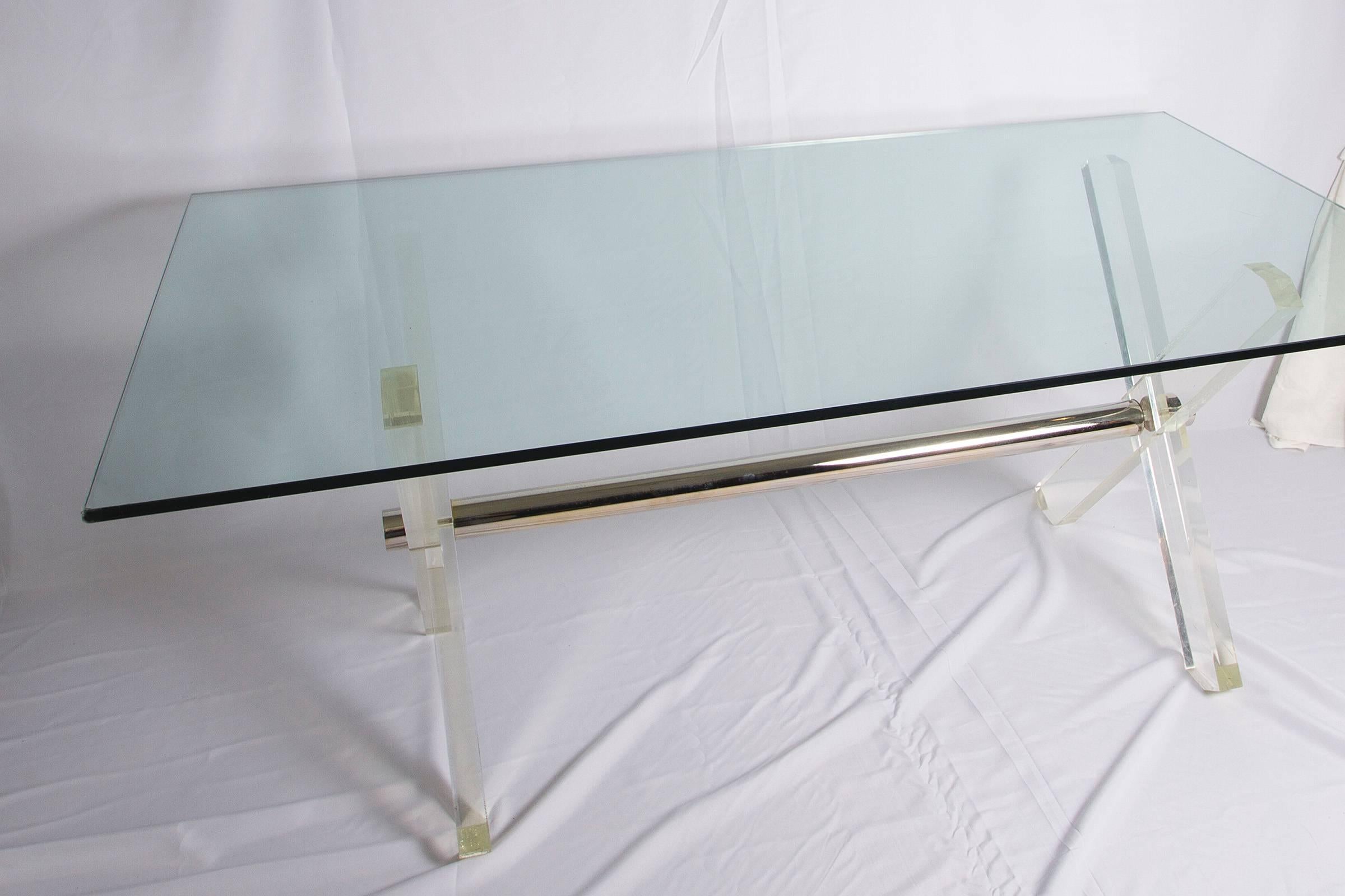 Mid-Century Modern Steel and Lucite X Frame Dining Table For Sale