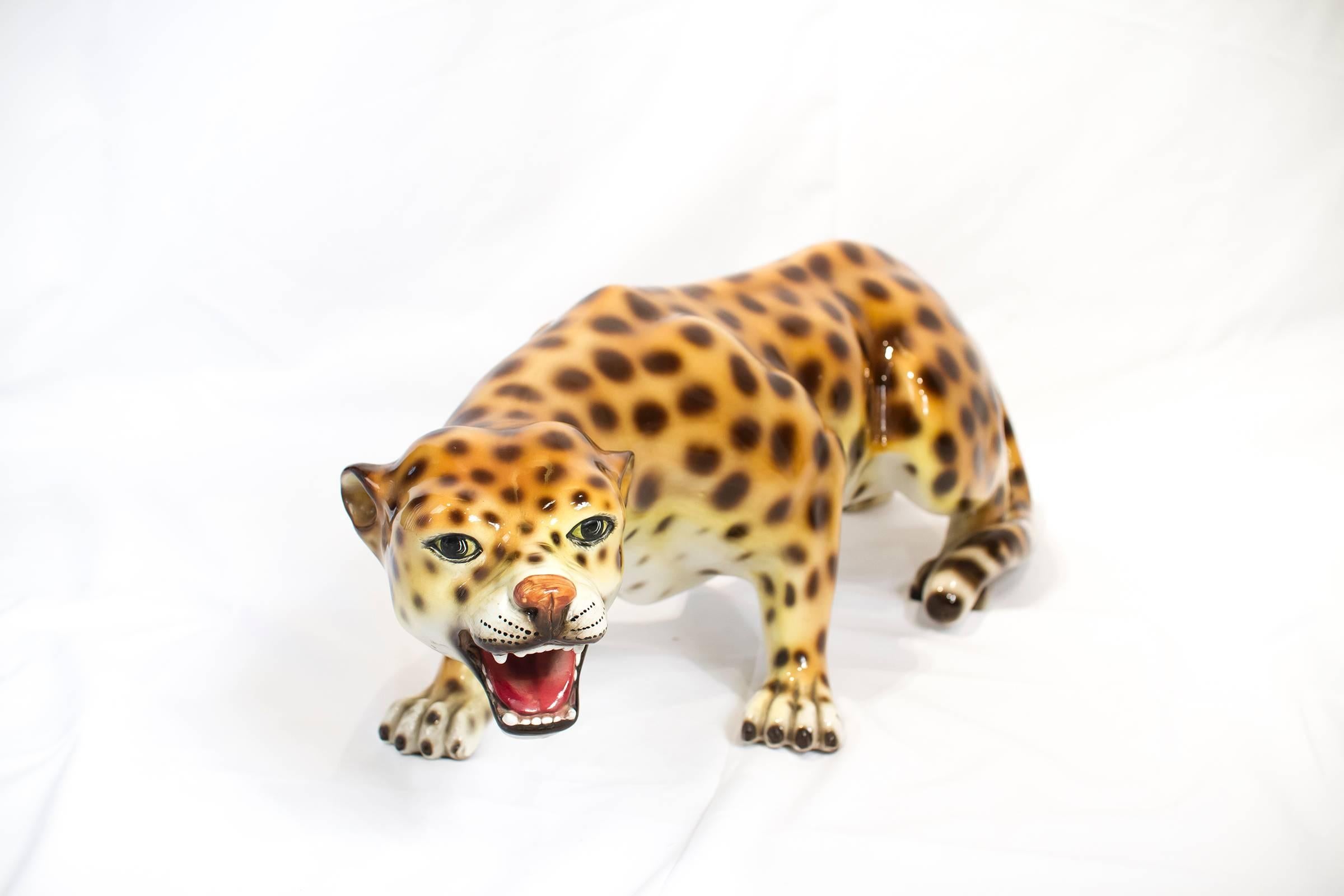 Glazed Large Italian Mid-Century Modern Ceramic Cheetah Sculpture