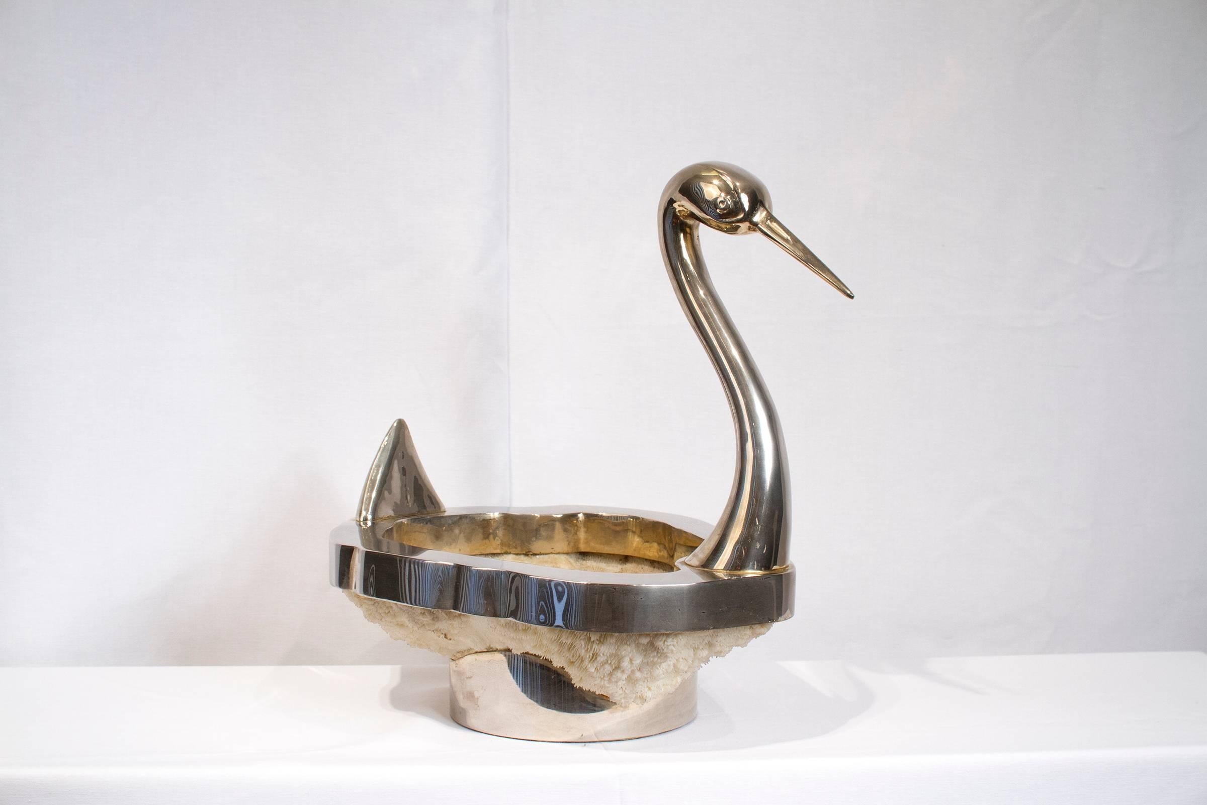 20th Century Coral and Chrome Swan Sculpture in the Style of Binazzi For Sale