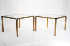 Pair of Striped Brass and Chrome Side Tables with Glass Top