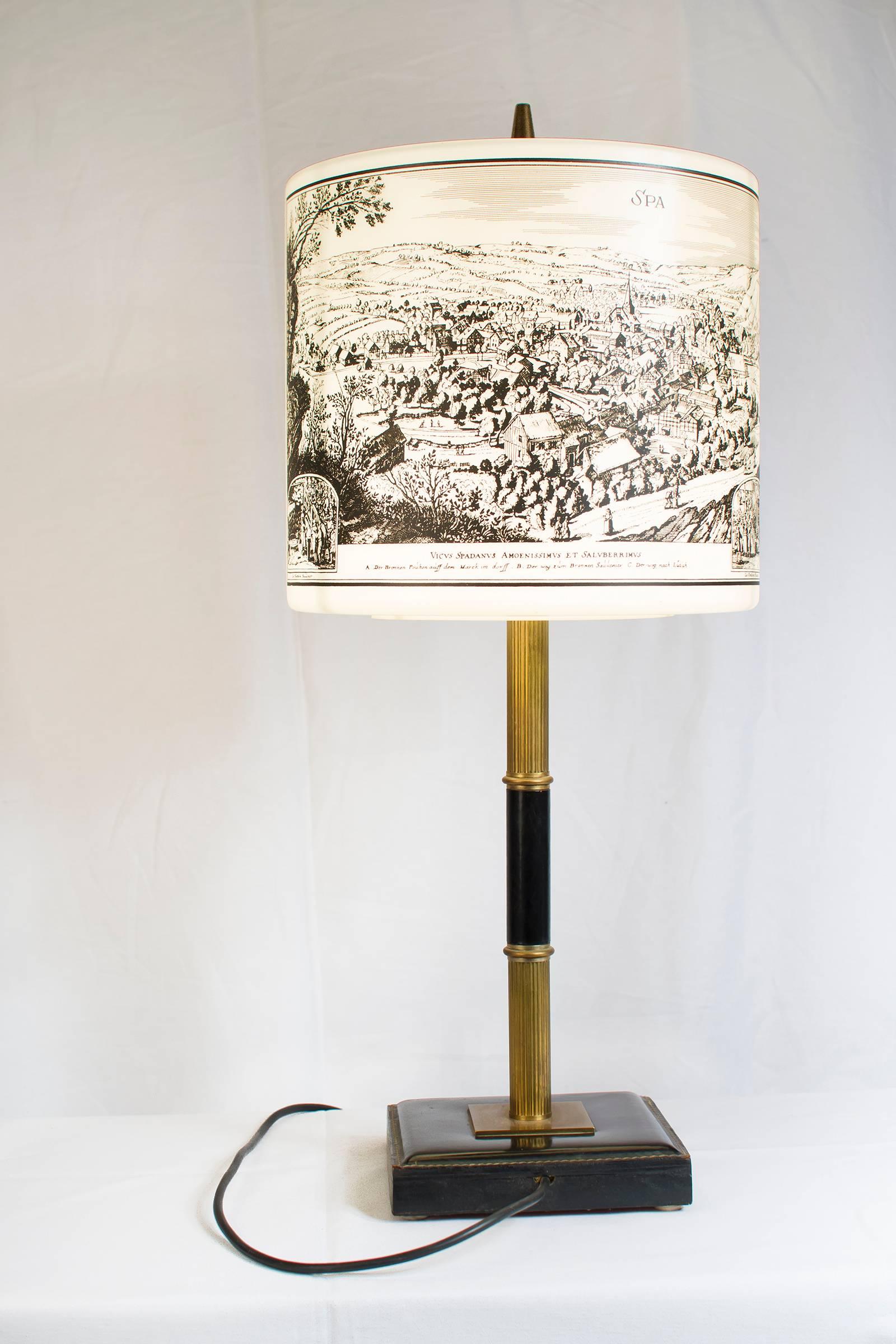 French Table Light with Pictures of Spa and Liège in the Style of Jacques Adnet For Sale