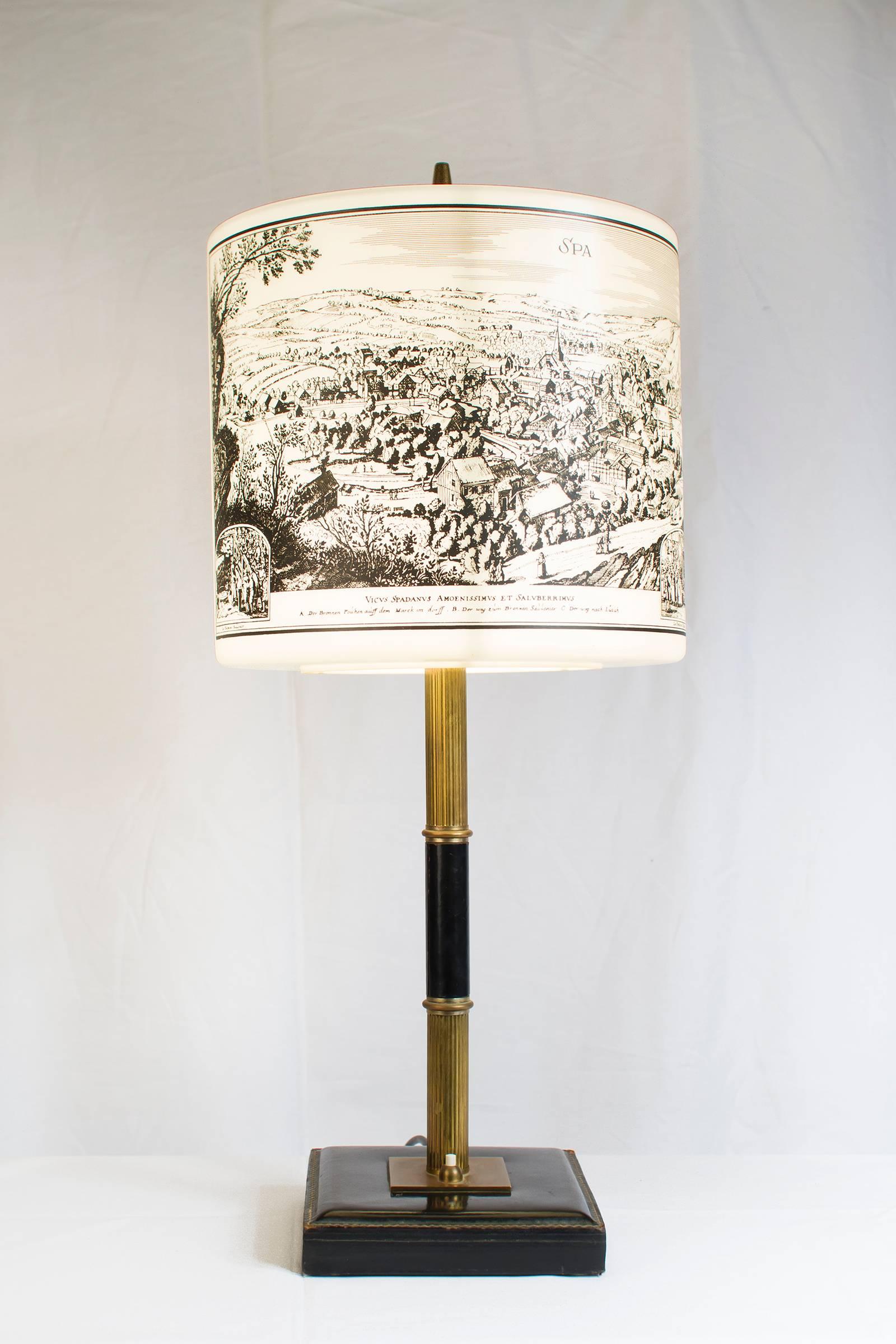Mid-Century Modern Table Light with Pictures of Spa and Liège in the Style of Jacques Adnet For Sale