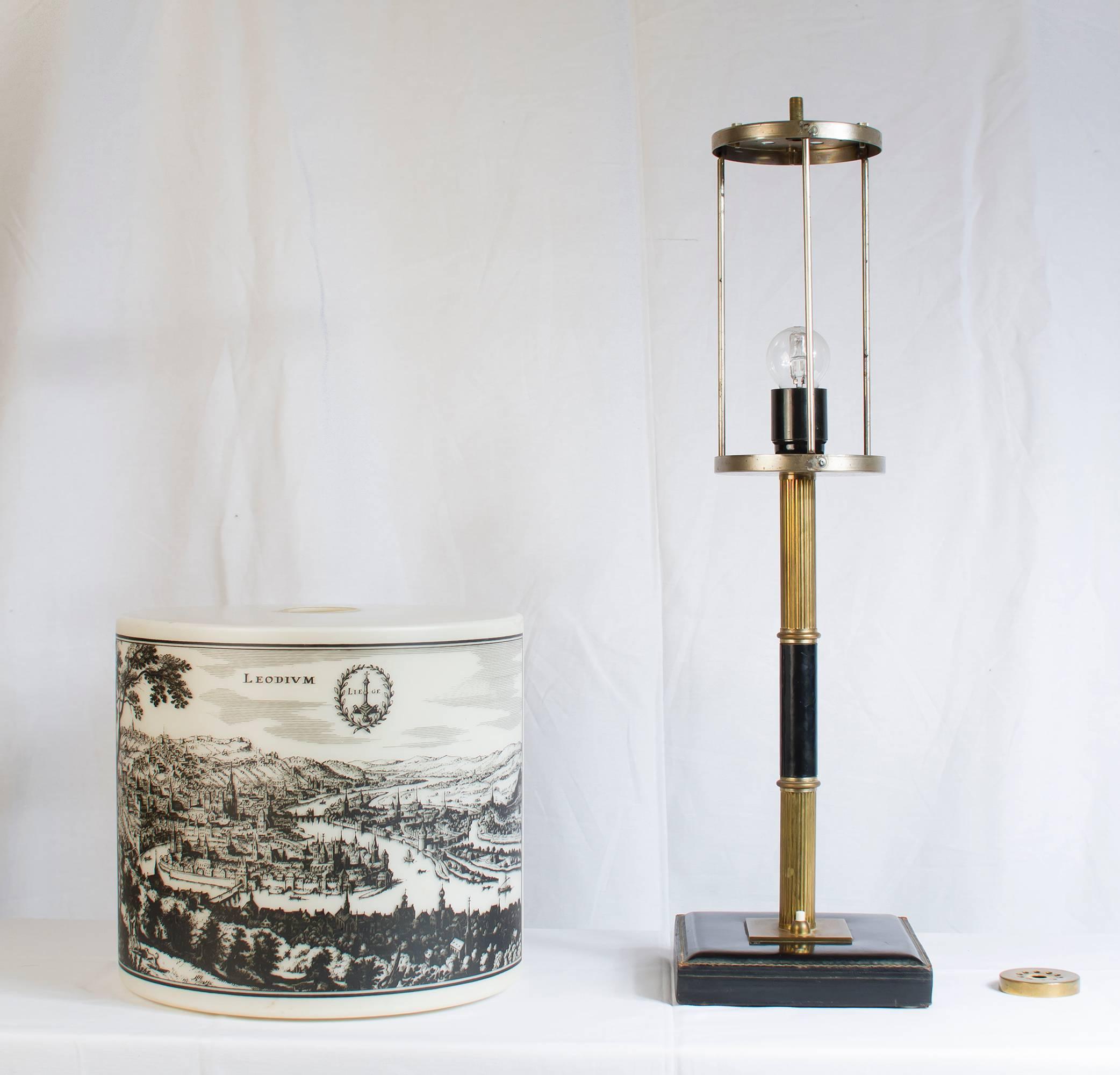 Gilt Table Light with Pictures of Spa and Liège in the Style of Jacques Adnet For Sale