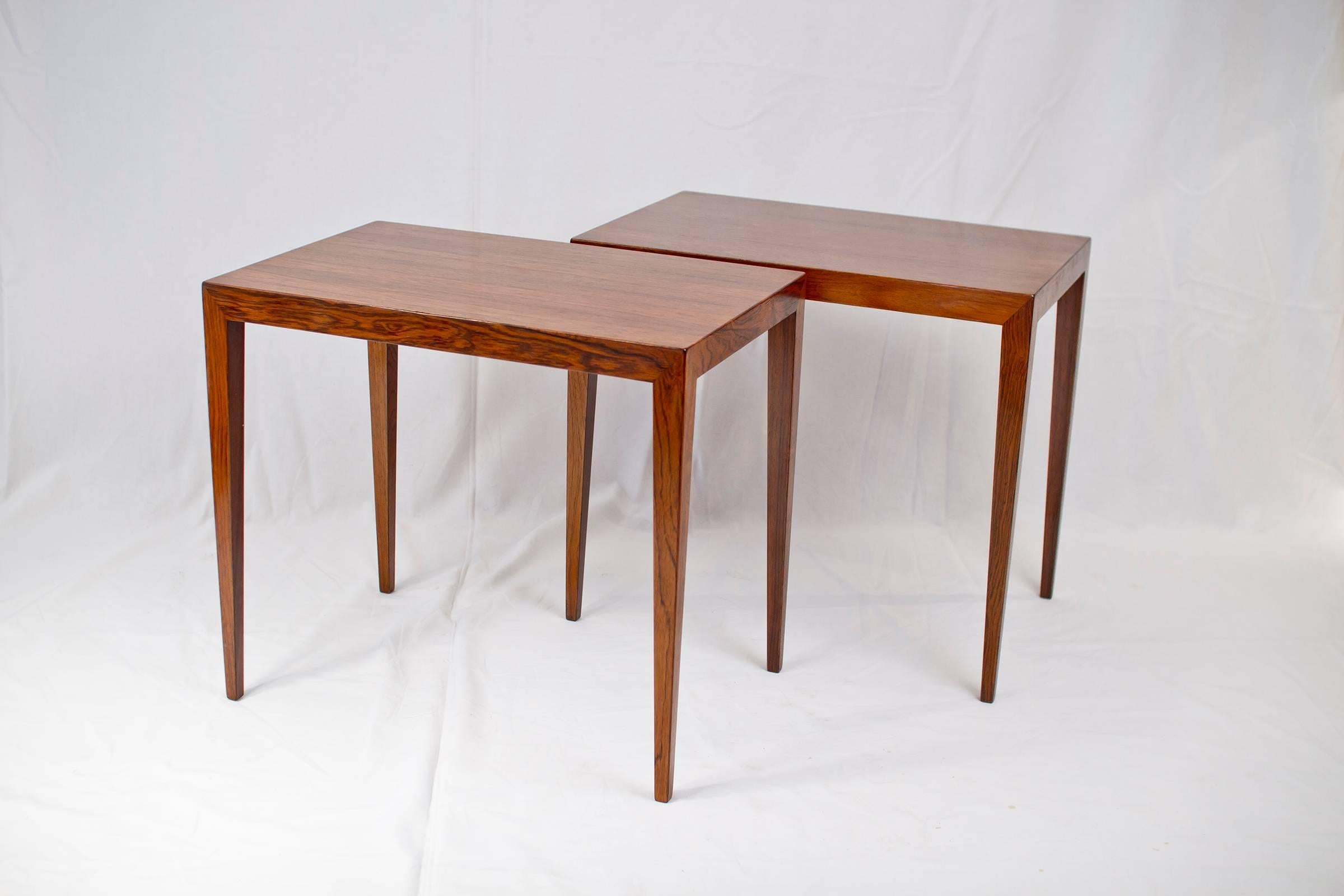 Pair of Brazilian rosewood side tables by Severin Hansen designed in 1955 and made in the 1950s by Haslev Møbelsnedkeri.

Please contact us for delivery details.