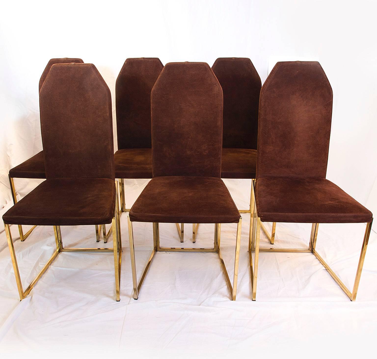 Six golden lacquered steel and brown suede by Belgo Chrome. The suede is in superb condition, just slightly worn on the heads of the seats. The seating foams should ideally be changed as they are a little too soft.

Please contact us for delivery