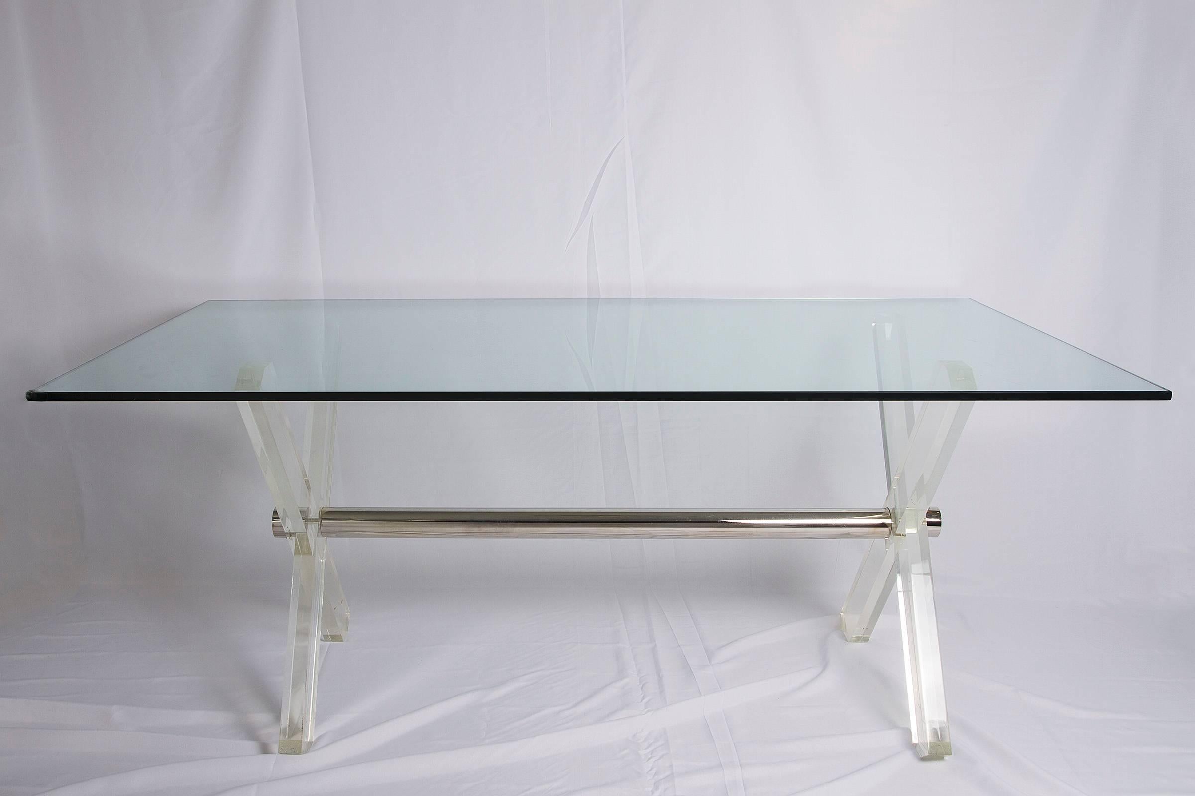 French Steel and Lucite X Frame Dining Table For Sale