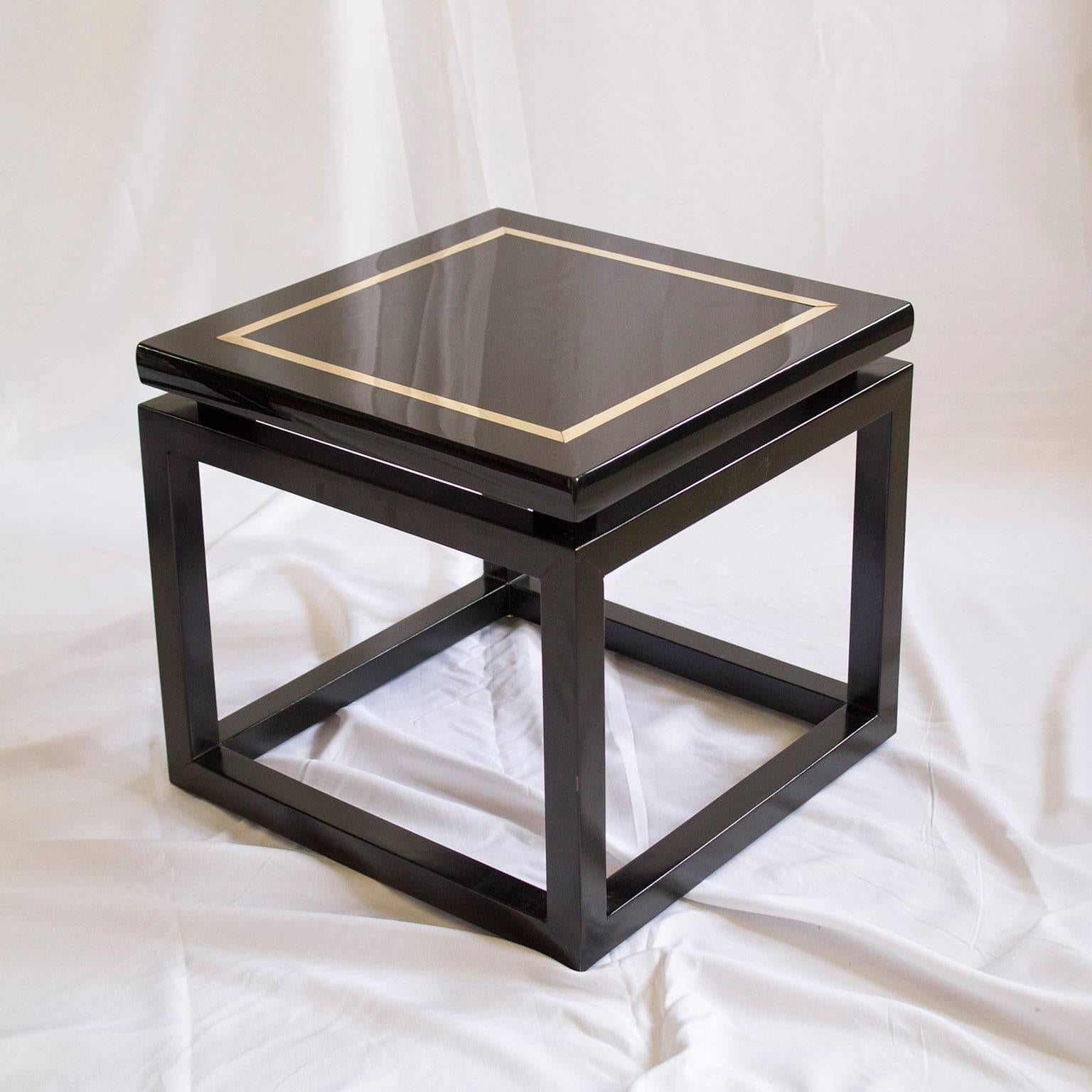 Brass Pair of Black Lacquer Side Tables