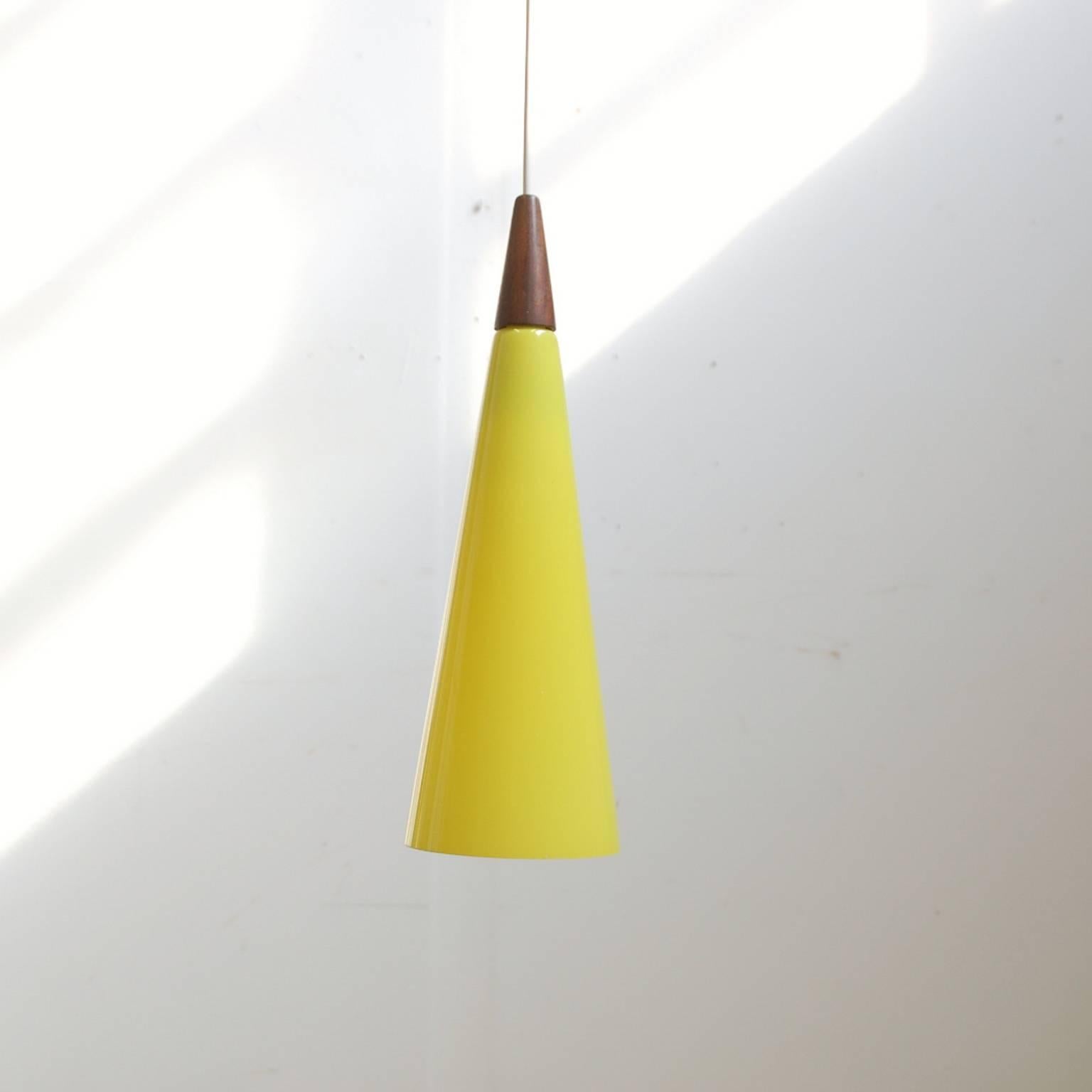 Scandinavian Modern Set of Two Yellow Fog and Morup 'trompet' Pendant Lights, 1960s