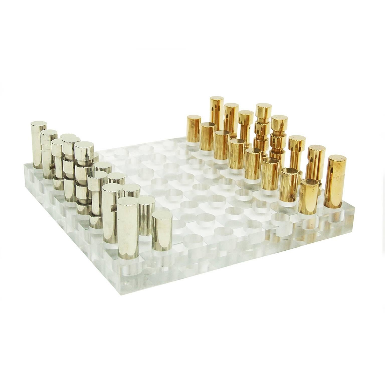 1970s French Lucite, Brass and Chromed Steel Chess Set