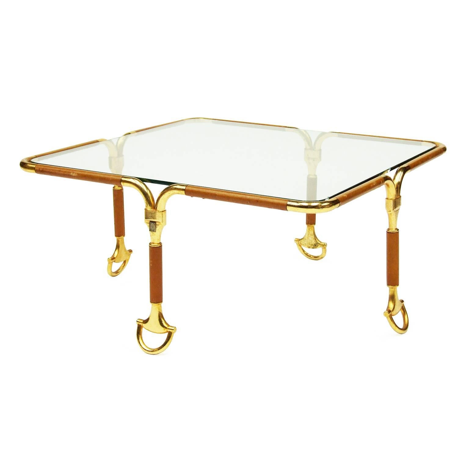 1970s Leather Gucci Table with Gold Stirrup Feet