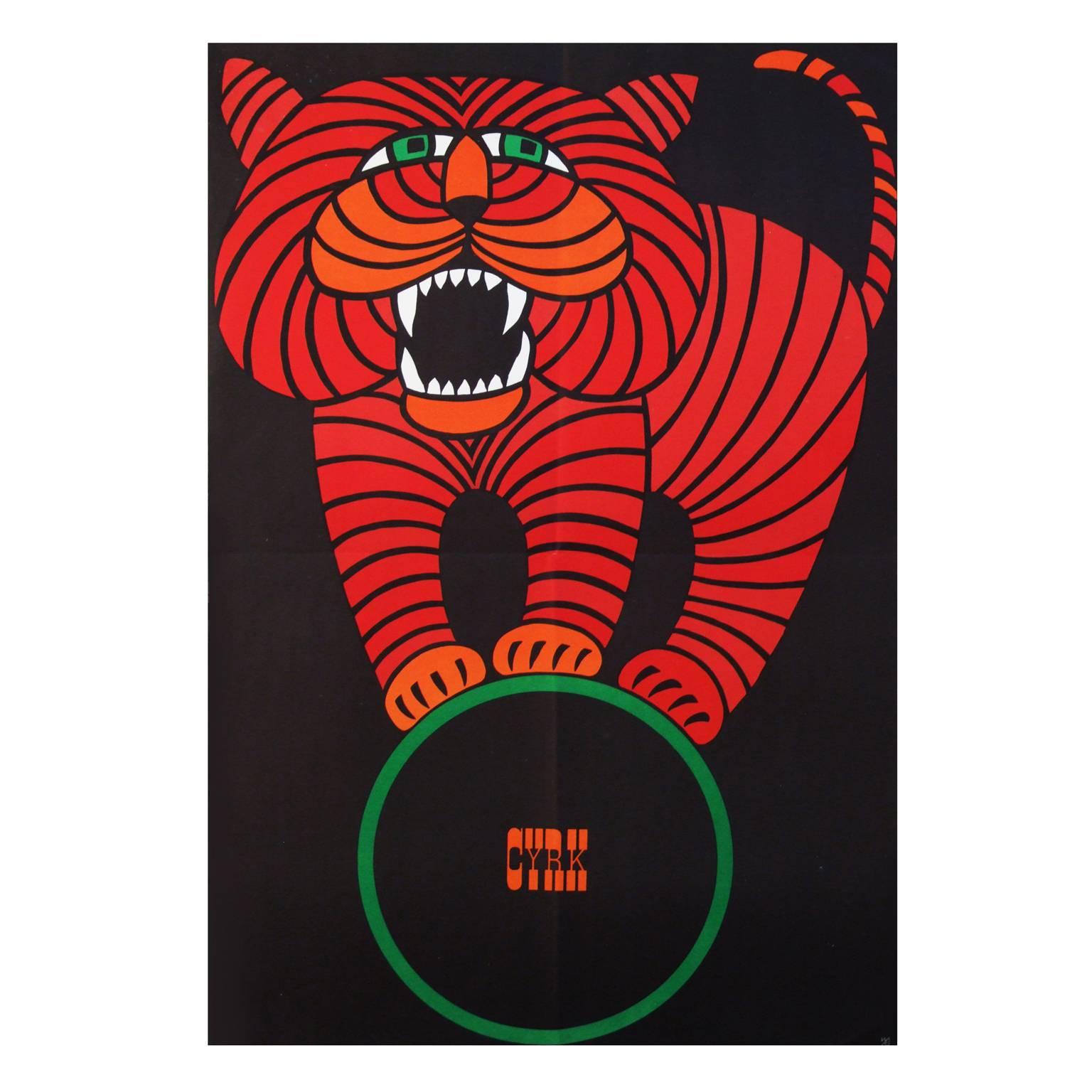 1960s Polish Cyrk Circus Red Tiger Poster