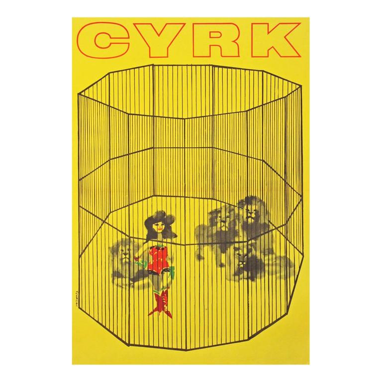 1960s Polish Cyrk Circus Lady Lion Tamer Poster For Sale