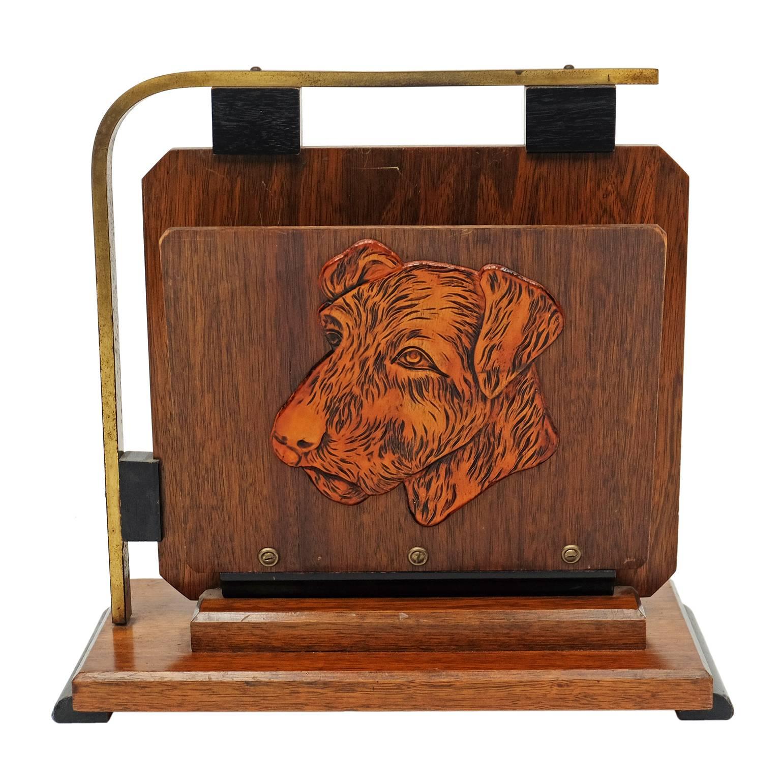 Art Deco Oak and Brass Dog Magazine Rack with Terrier Heads