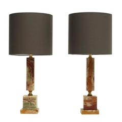 Pair of 1960s Onyx and Brass Italian Table Lamps 4