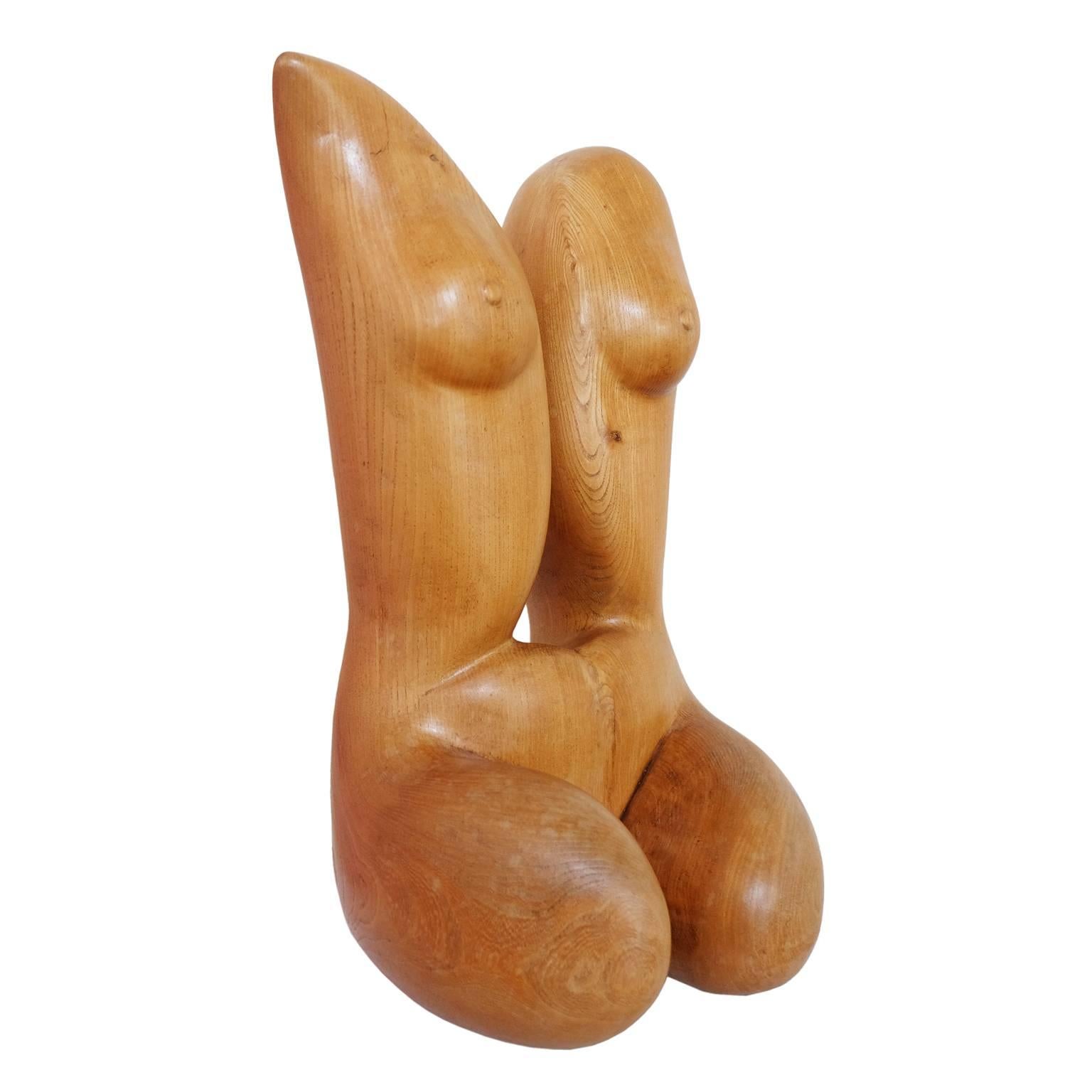 1950s hand-carved female torso sculpture. 

Made from elmwood this large sculpture is beautifully carved and has an impressive weight to it.

Measures: H 52cm x W 32cm x D 29cm.