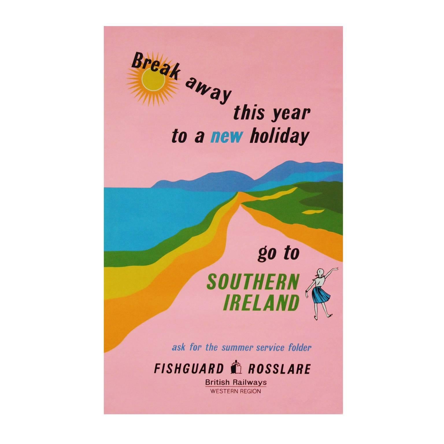 1960s British Rail Southern Ireland Travel Poster Art Pink