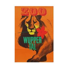 1960s Wuppertal Zoo Germany Travel Poster Lion Illustration Art