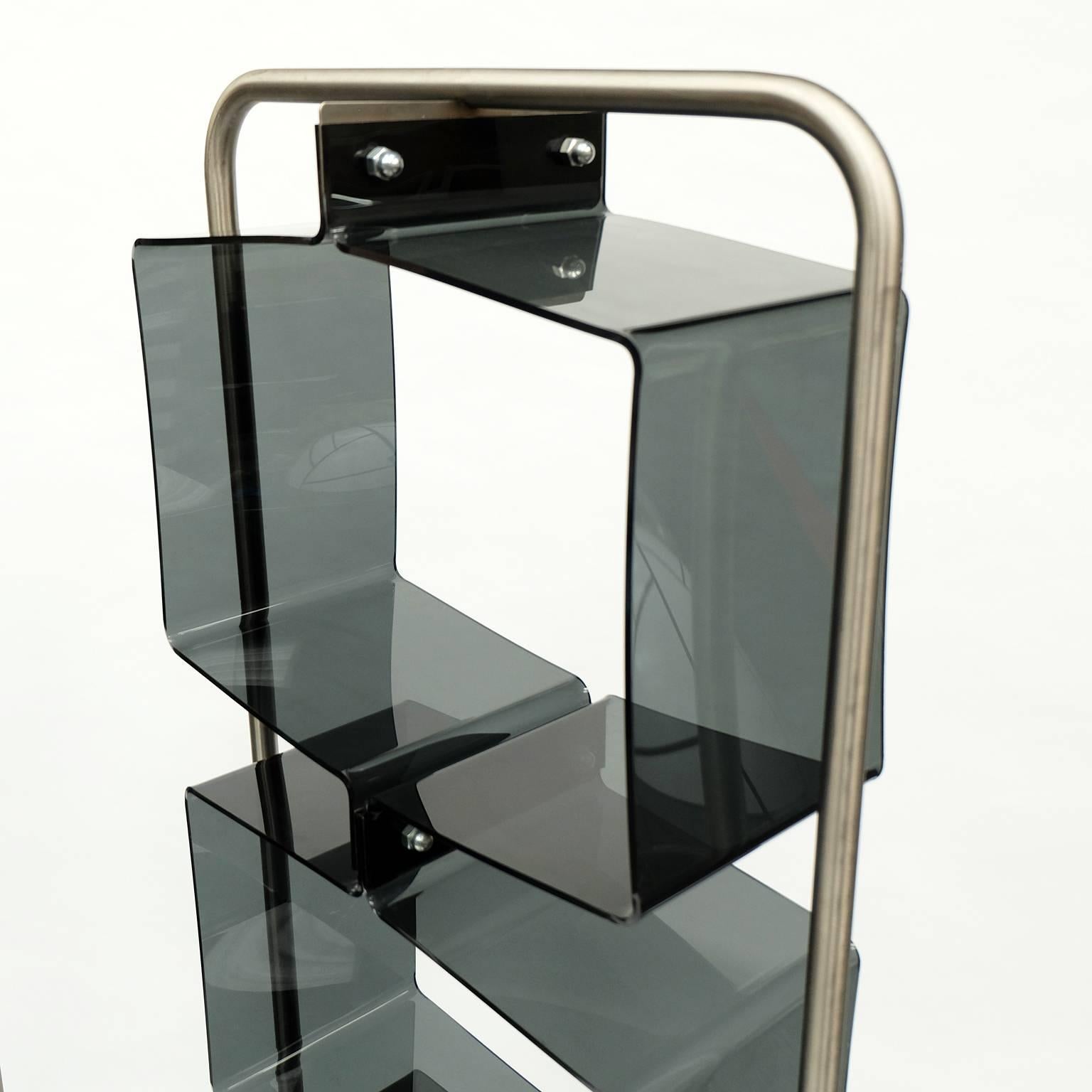 French Pair of 1970s Perspex Lucite and Brushed Steel Shelving Units Étagères