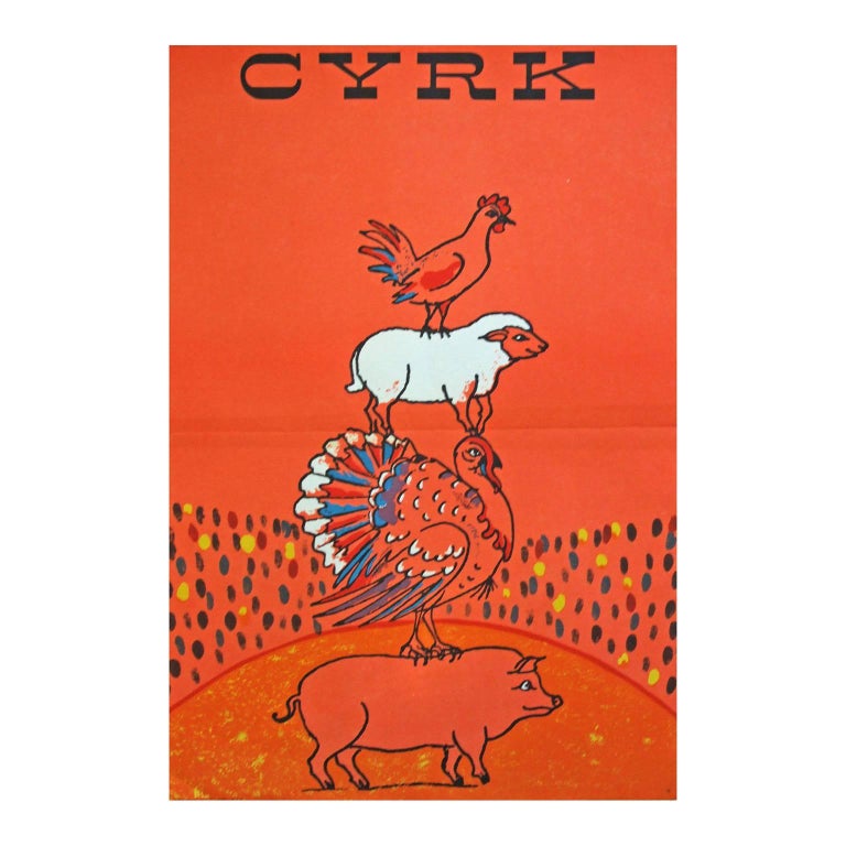 1960s Polish Cyrk Circus Orange Farm Animal Poster For Sale at 1stdibs