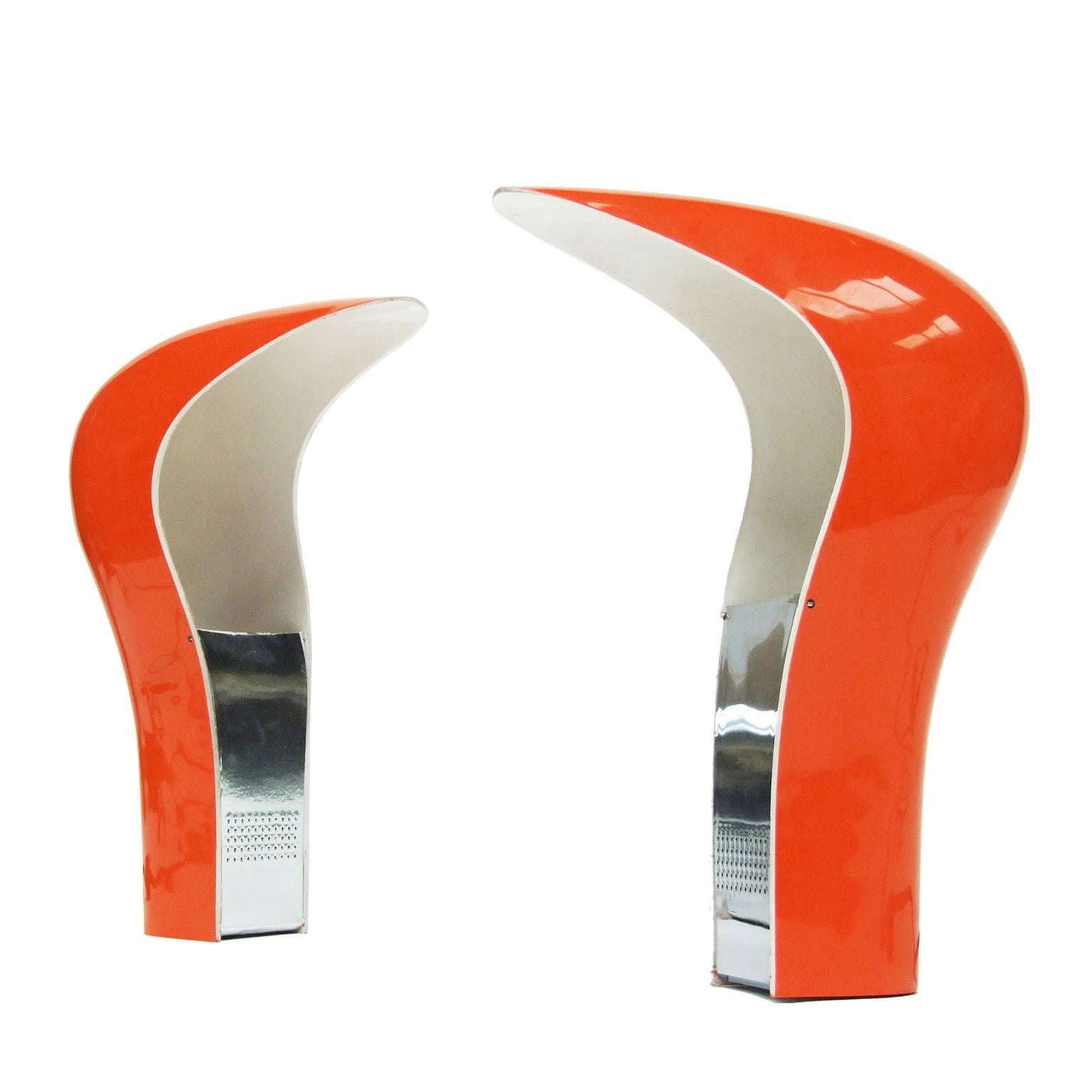 Pair of original 1971 table lamps designed and manufactured by Studio D.A, Italy.

Orange and white plastic form with a chrome-plated diffuser.

Single light fitting.

 