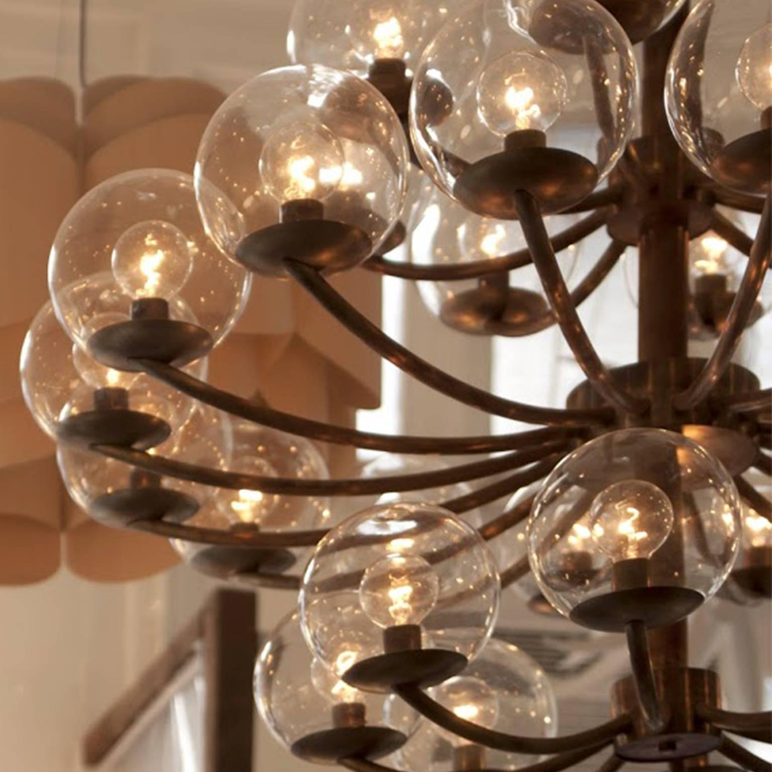 1940s Metal Brass Steel Chandelier (Geschwärzt) im Angebot