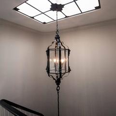 Six Hanging Black Steel Powder Coated Pendants with Glass Windows