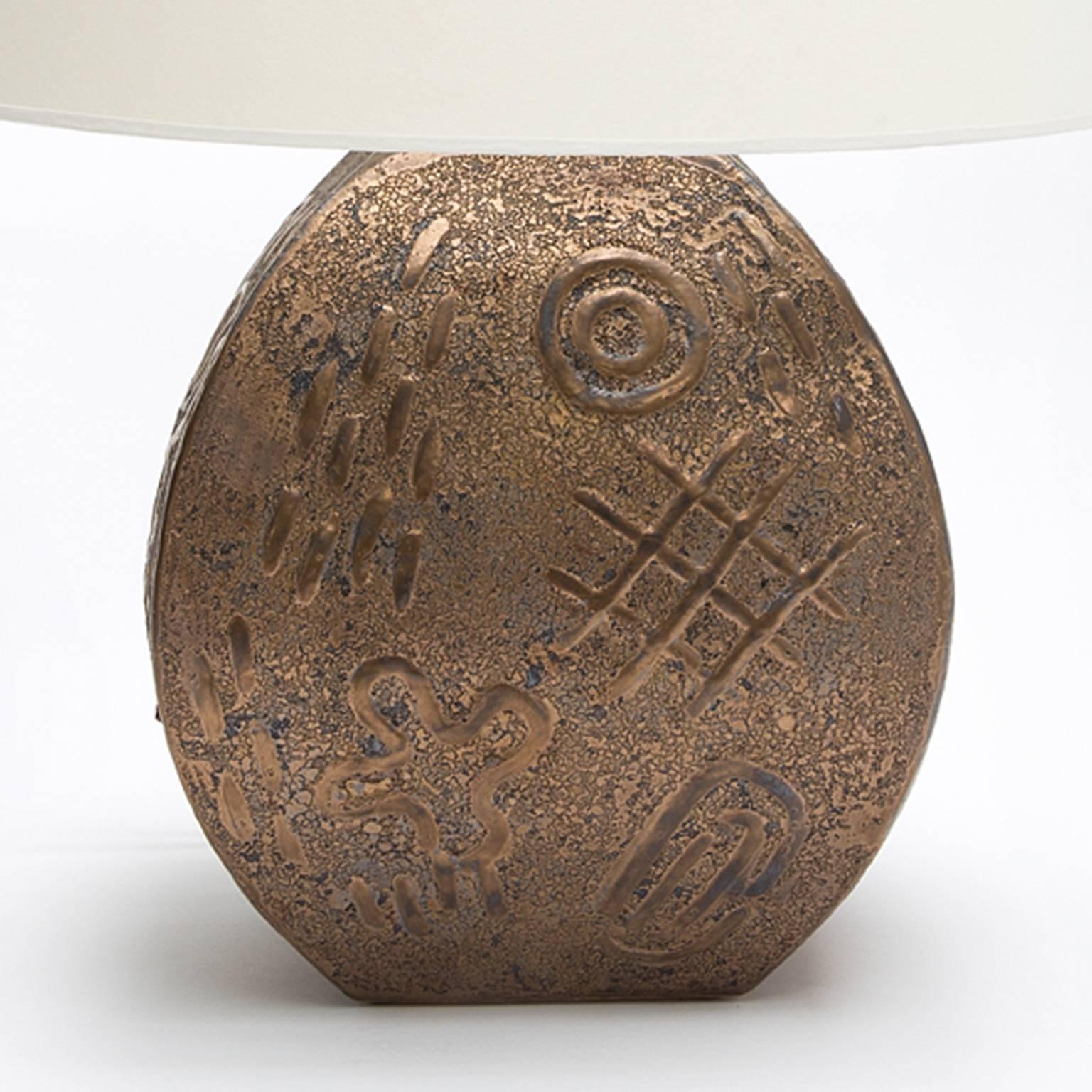 Arts and Crafts Hieroglyphic Bronzed Glazed Ceramic Table Lamp