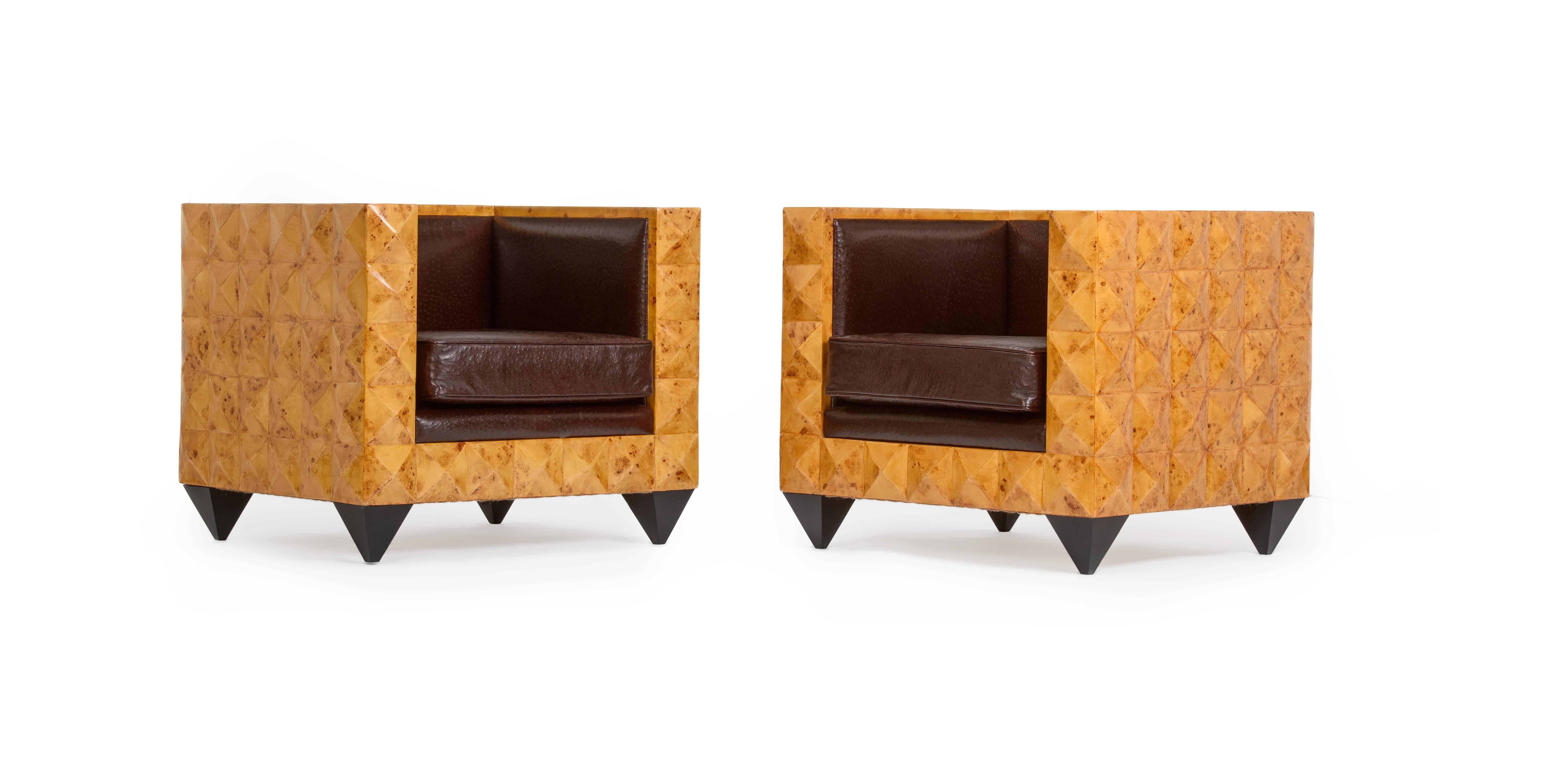 European Stunning Pair of Unusual Burr Walnut Geometric Pyramid Armchairs. For Sale