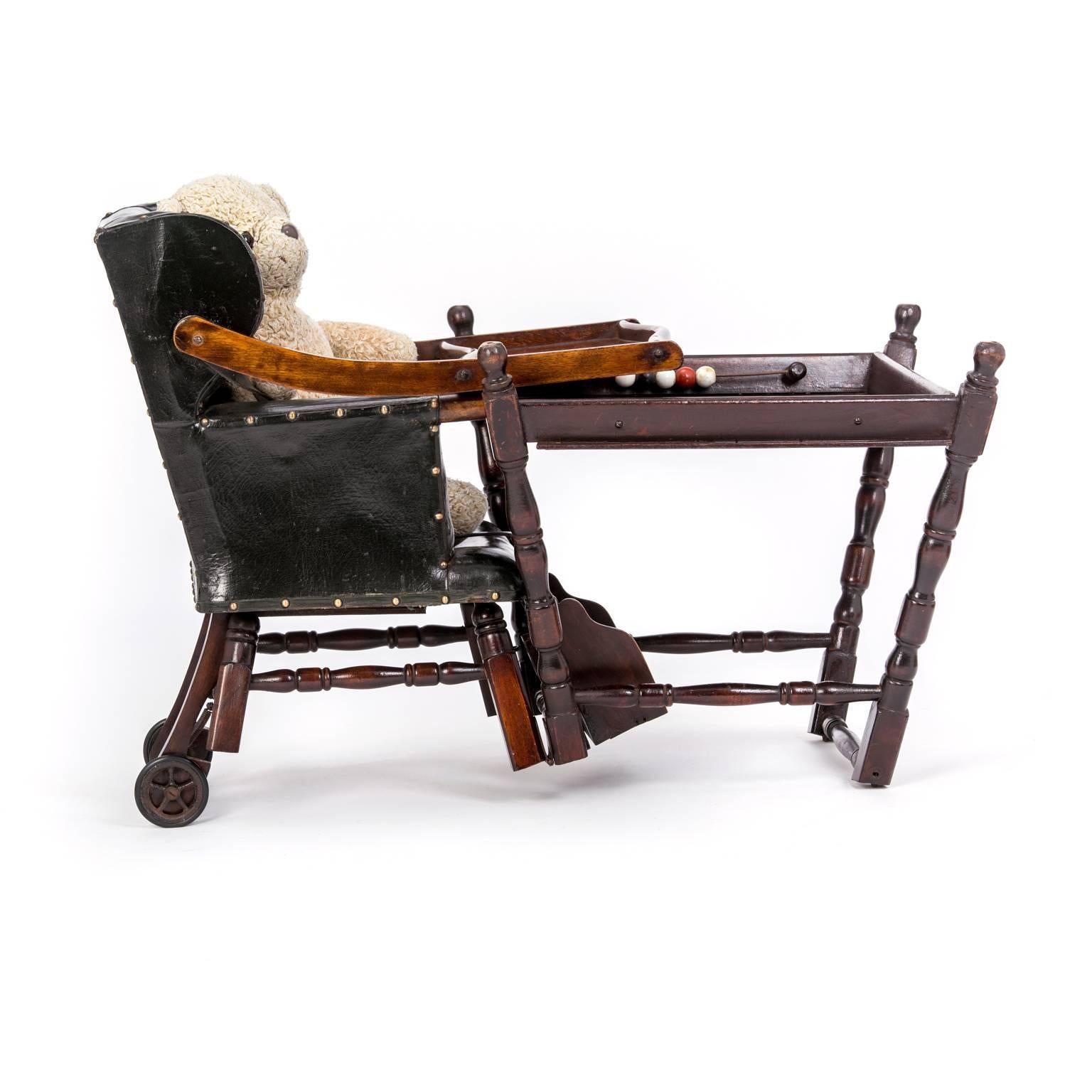 Faux Leather Delightful Original Edwardian Oak Metamorphic Childs High Chair. For Sale
