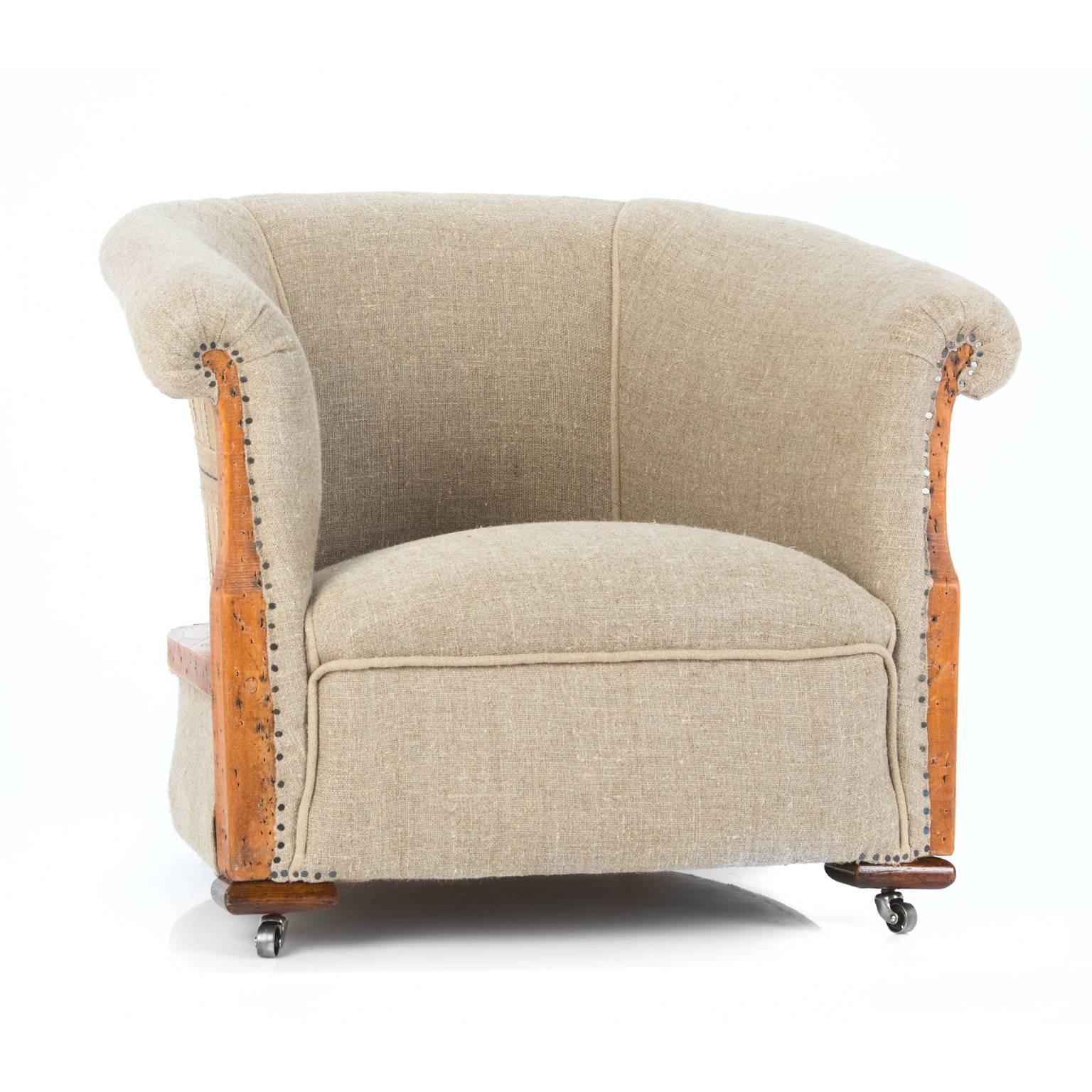 English Deconstructed and Exposed Late Victorian Organic Flax Linen Tub Chair. For Sale