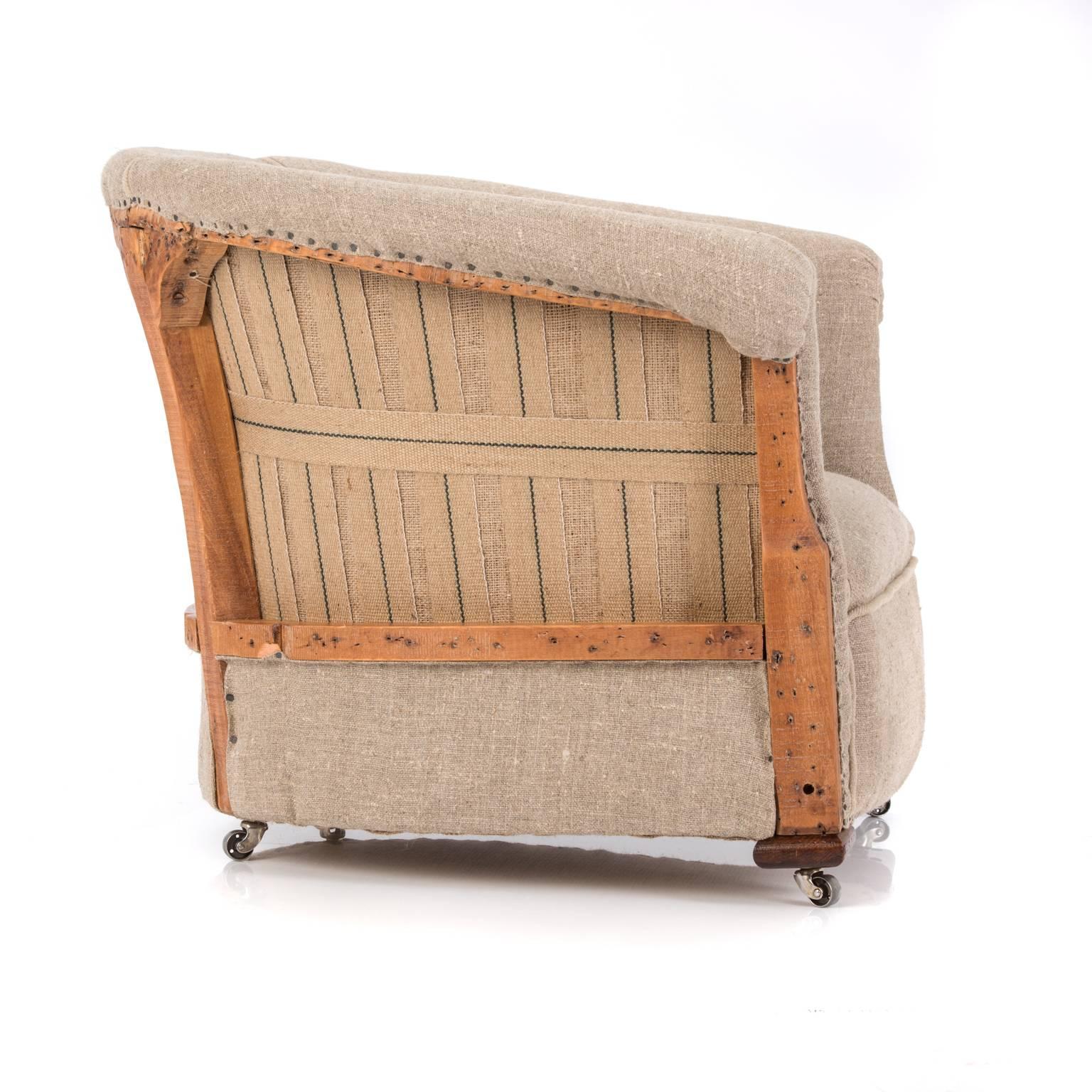 Contemporary Deconstructed and Exposed Late Victorian Organic Flax Linen Tub Chair. For Sale