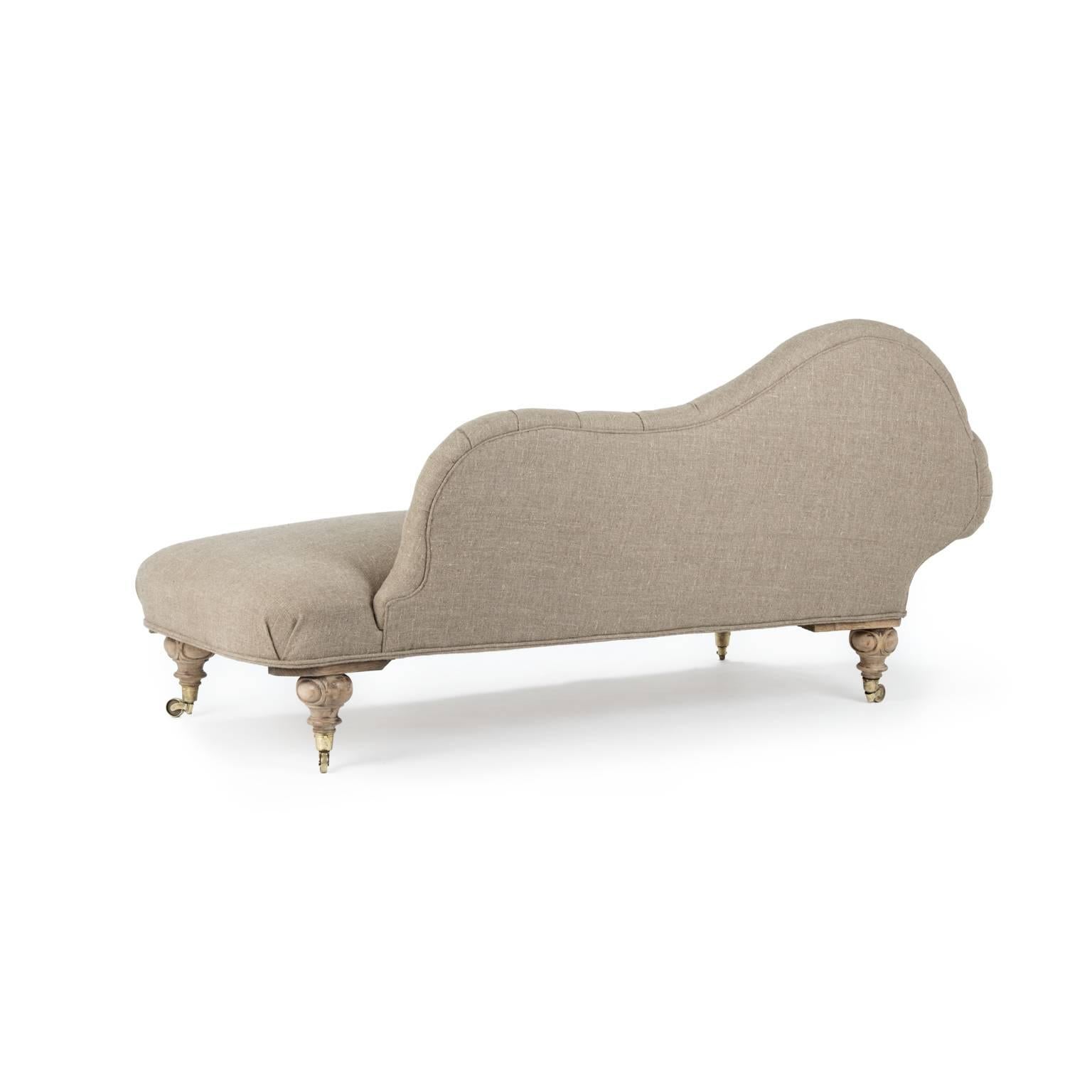 English Eclectic Late Victorian Scroll Arm Tufted Chaise Longue in Organic Flax Linen. For Sale